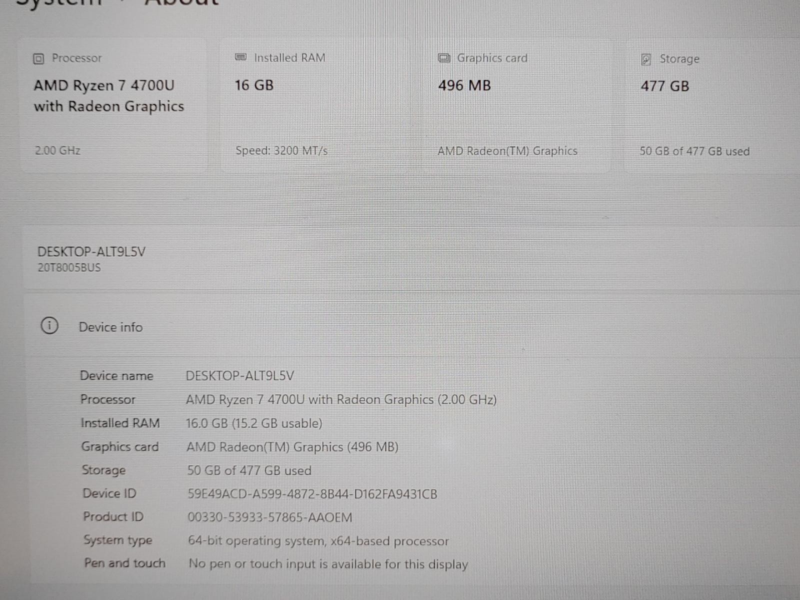 Lenovo ThinkPad E15 Gen 2 15.6″ Ryzen 7 4700U 16GB 512GB Win11Pro *NO A/C* *READ