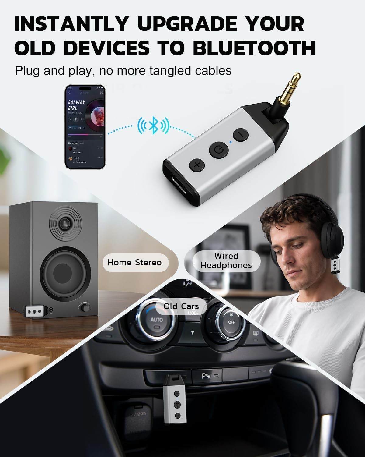 Bluetooth 5.4 Car Adapter, 180° Rotatable AUX Audio Receiver, Hands-Free Calls,