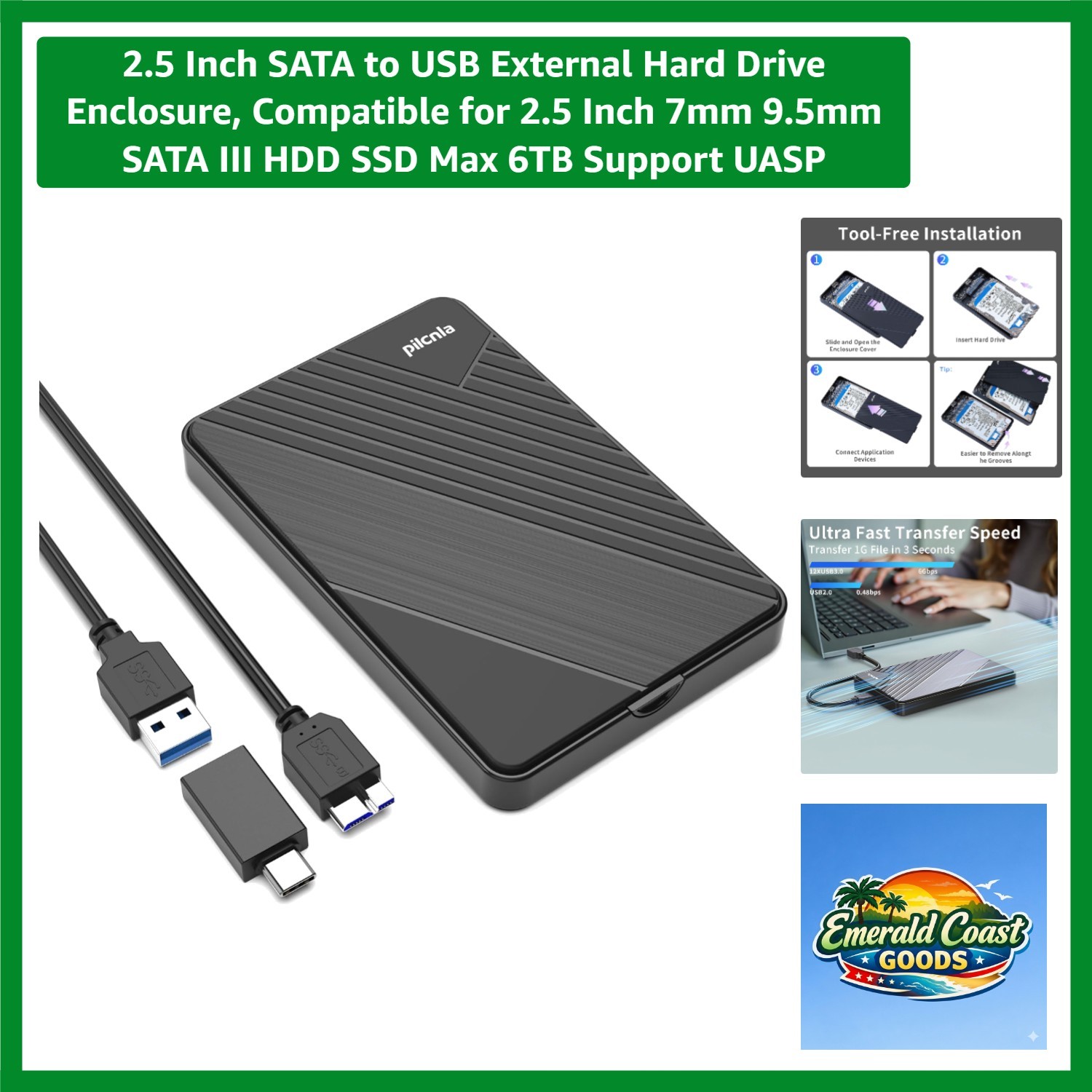 2.5 Inch SATA to USB External Hard Drive Enclosure, Compatible for 2.5 Inch 7…