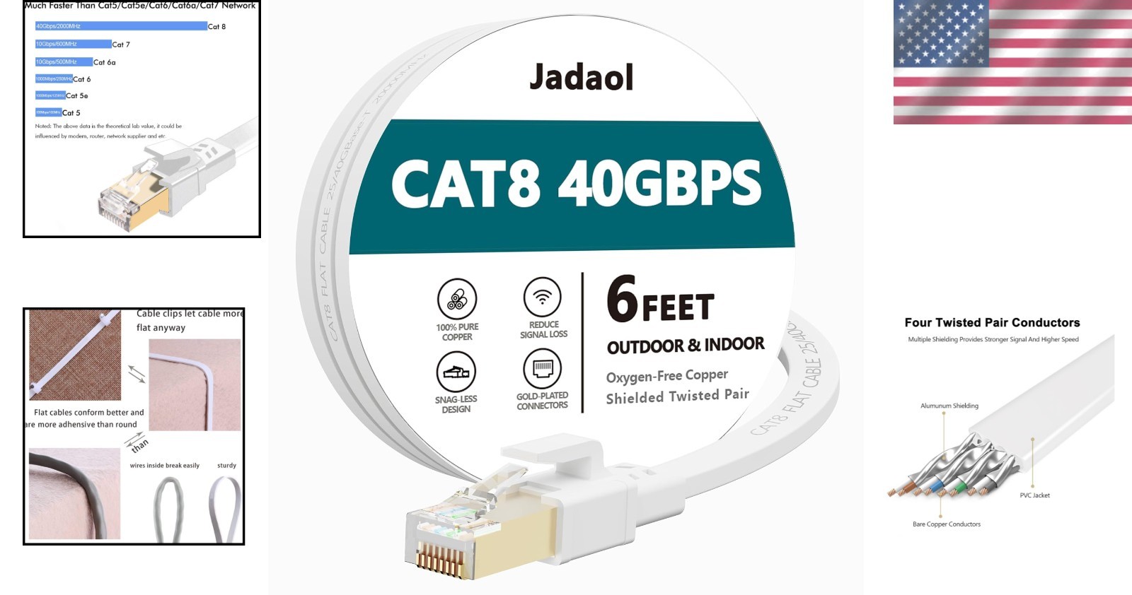 6ft Cat 8 Flat Ethernet Cable – 40Gbps Data Transfer, Tangle-Free, Gold-Plated