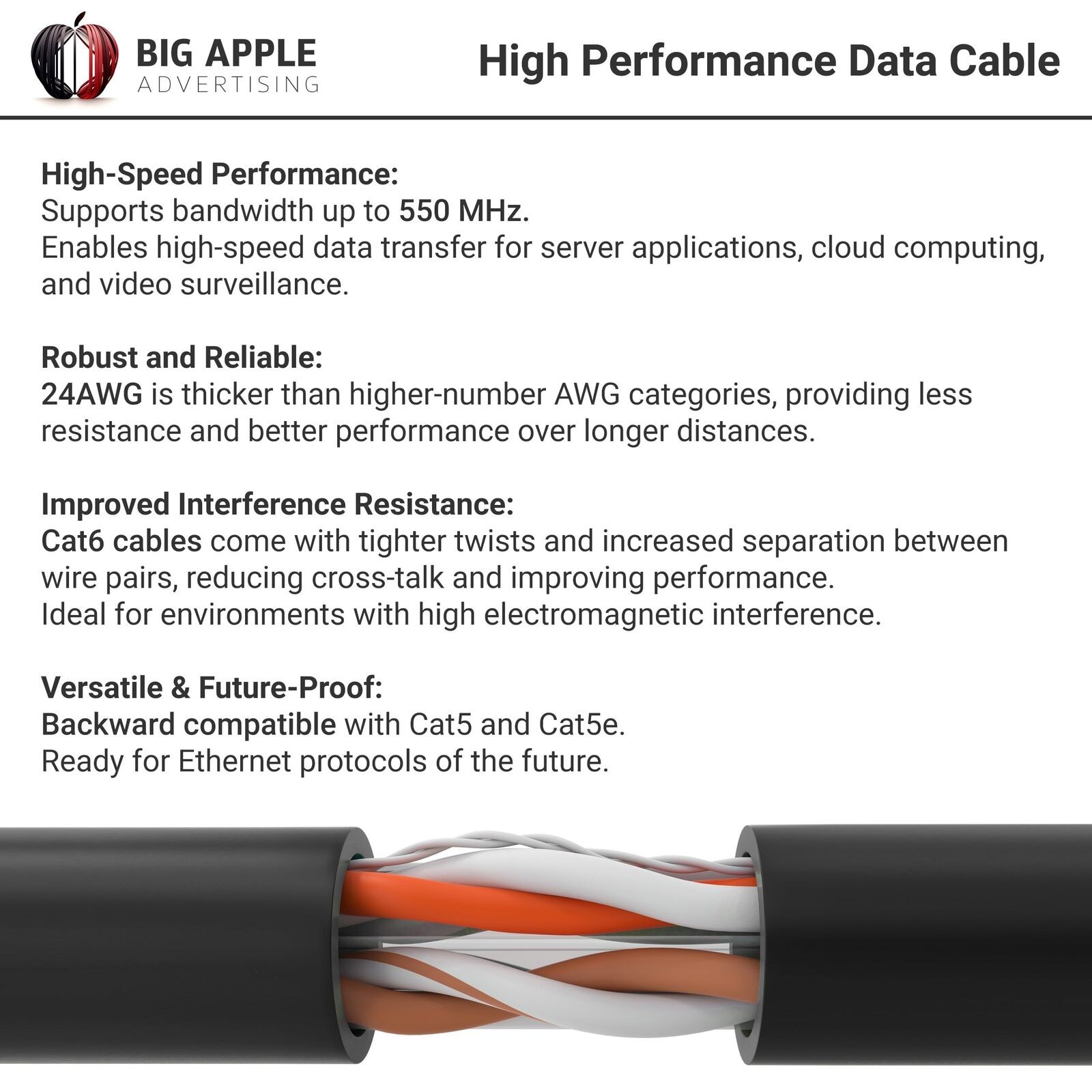 Cat6 Cable 1000ft 23AWG Solid 4 Pair Bulk Cat 6 Ethernet Cable (UTP CMR) 550MHz