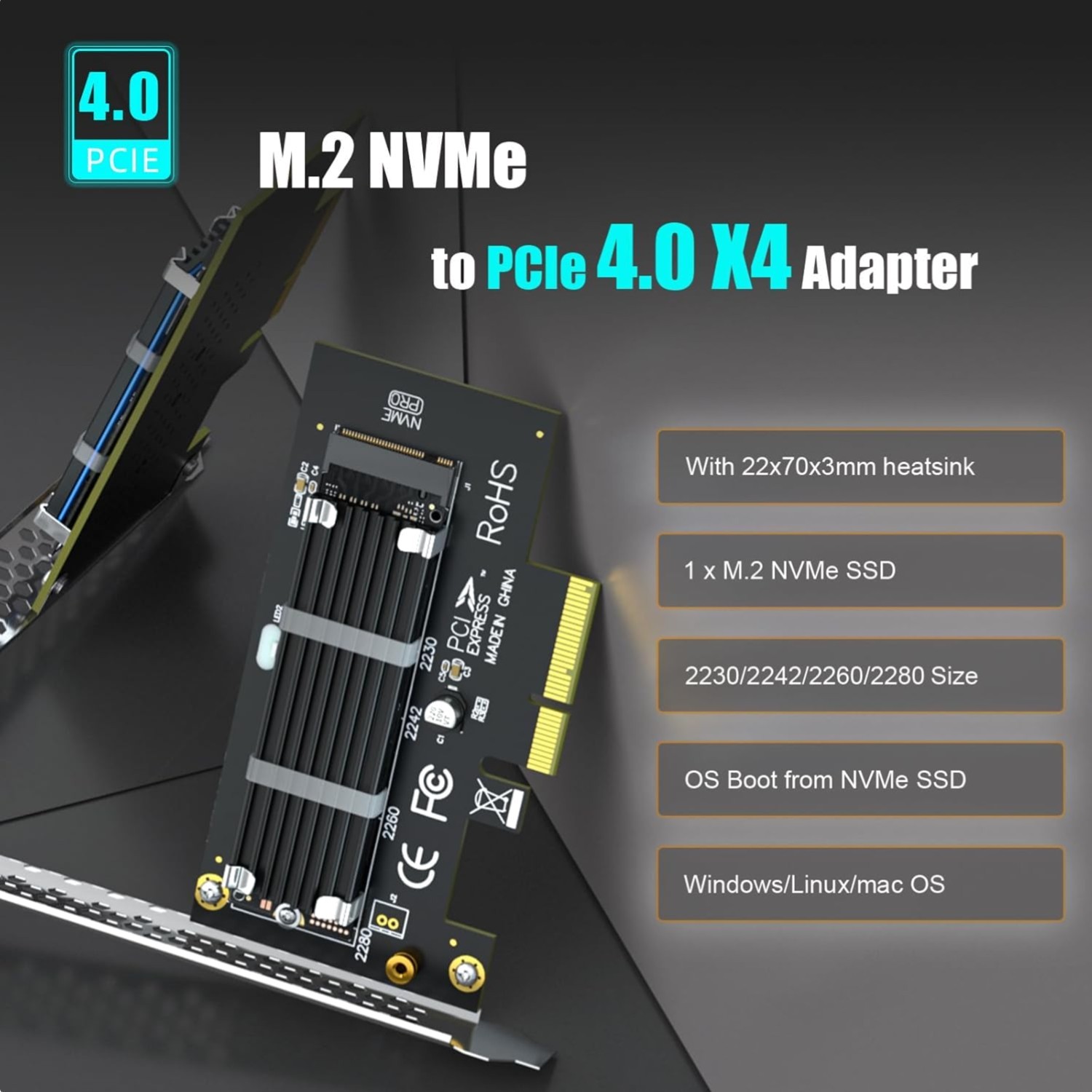 22x70mm PCIe 4.0 X4 M.2 NVMe Adapter – Fast Data Transfer & Cooling Efficiency