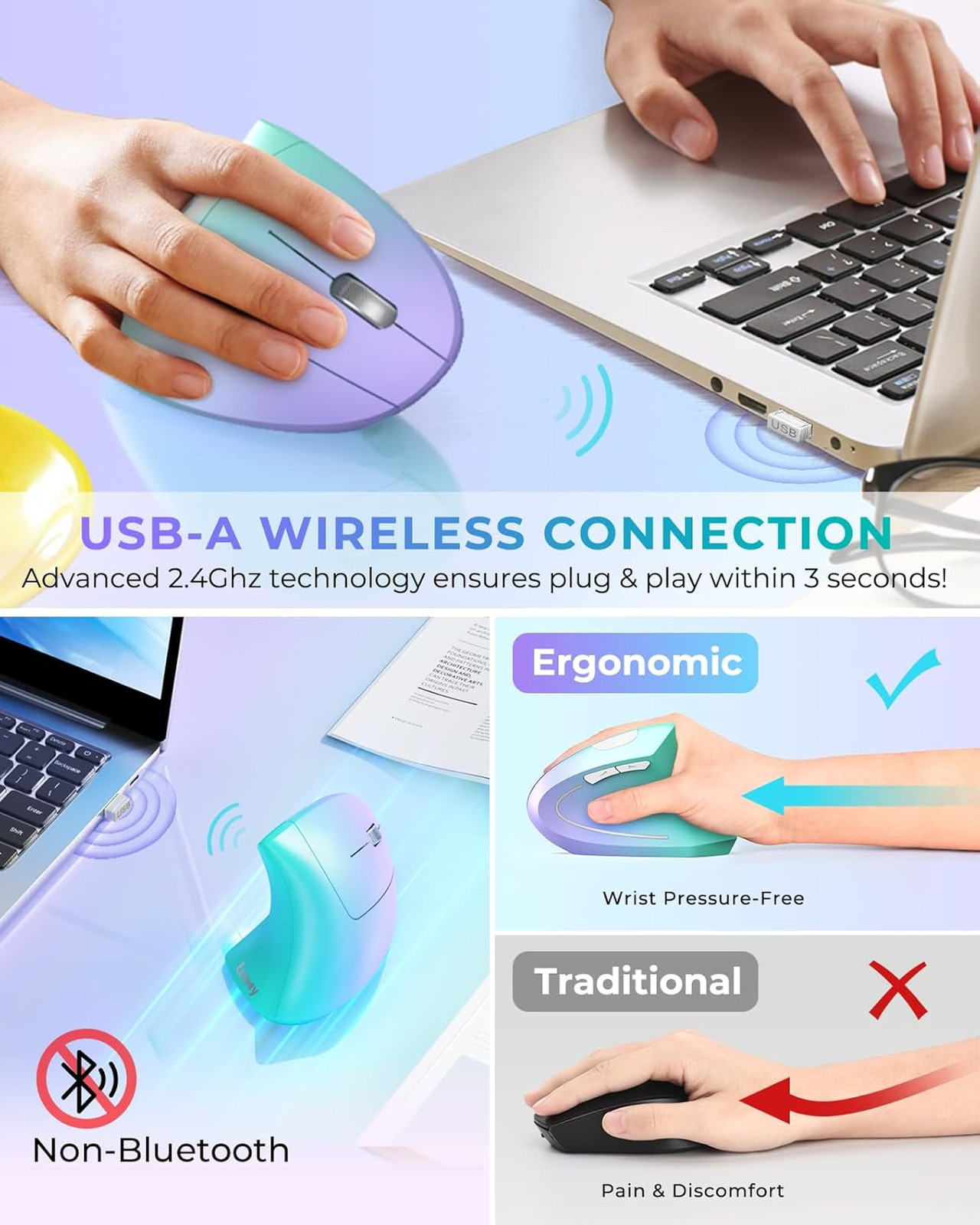 Wireless Vertical Ergonomic Mouse, Rechargeable 800 1200 1600 DPI, 6 Buttons