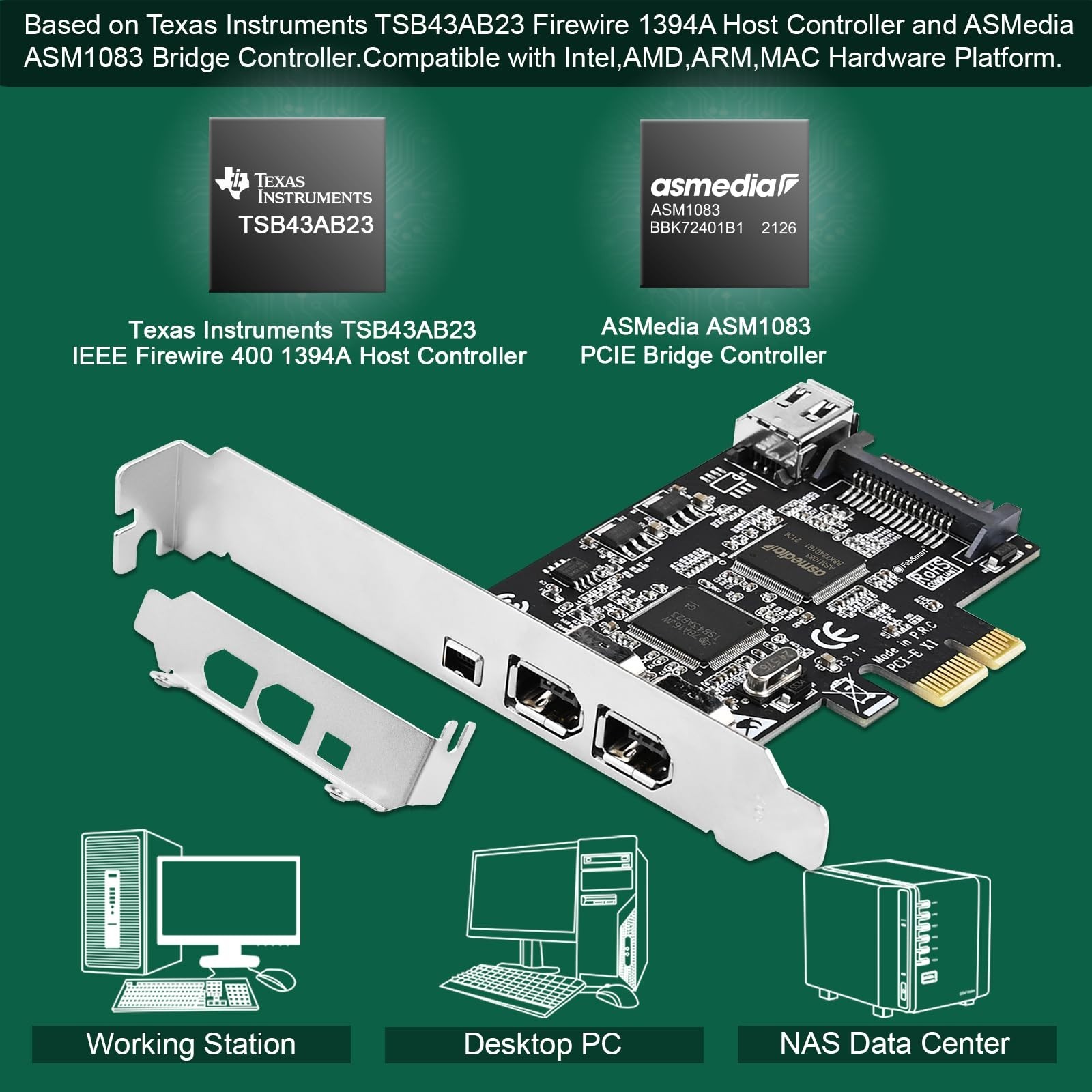 4-Port PCIe Firewire 400 Expansion Card, 1394A, Plug & Play for Windows/MAC, 400