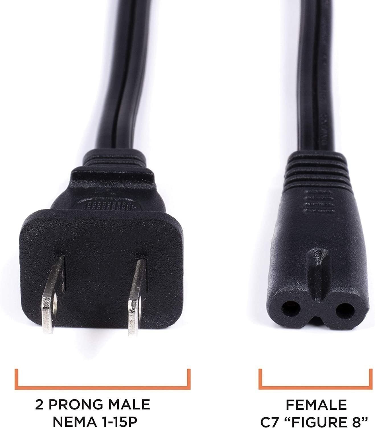 2 Prong AC Power Cord – NEMA 1-15P to C7 – Figure 8 Rnd, 18 AWG – Black, 25 Feet