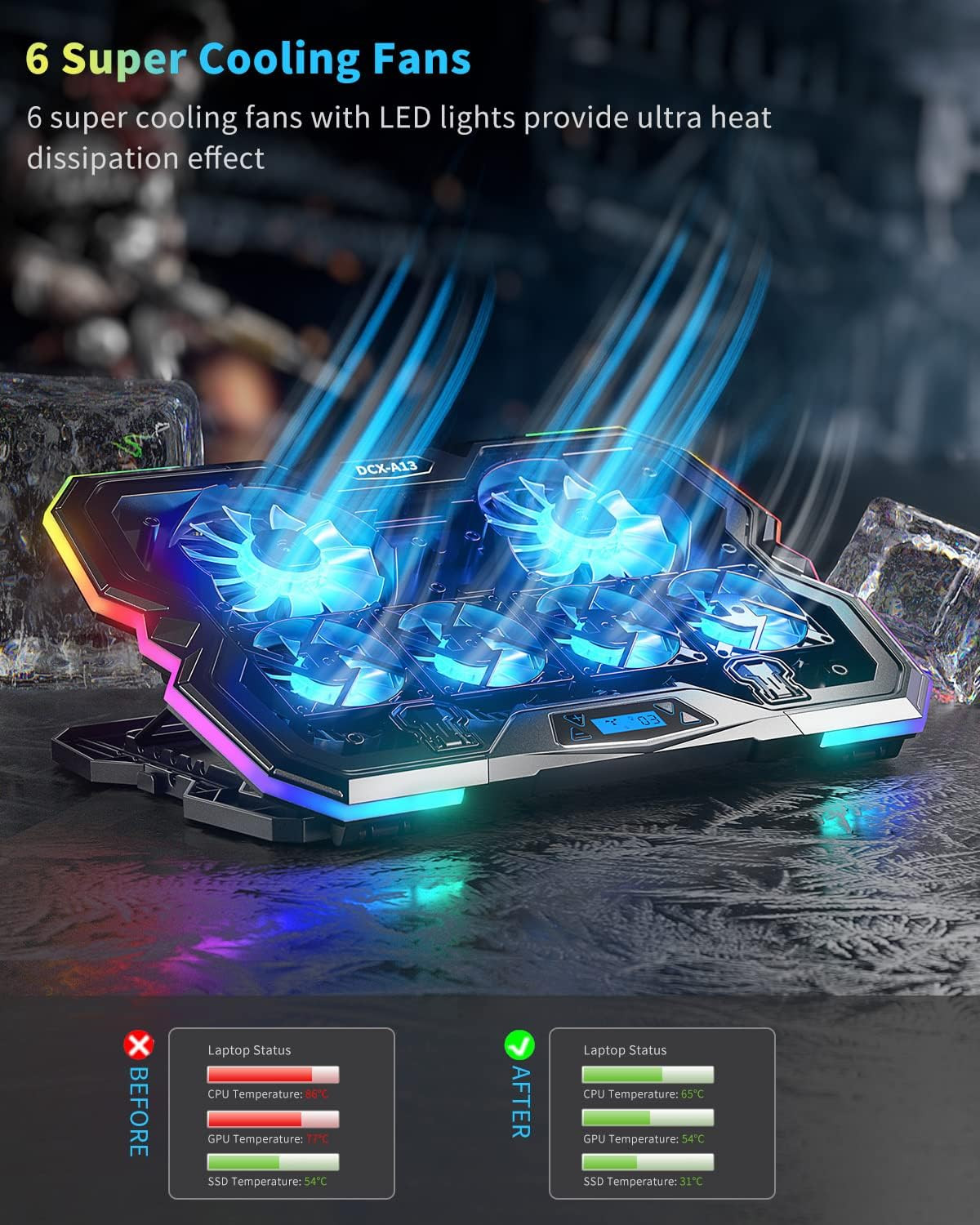 Upgrade Laptop Cooling Pad A13,RGB Lights Laptop Cooler 6 Fans