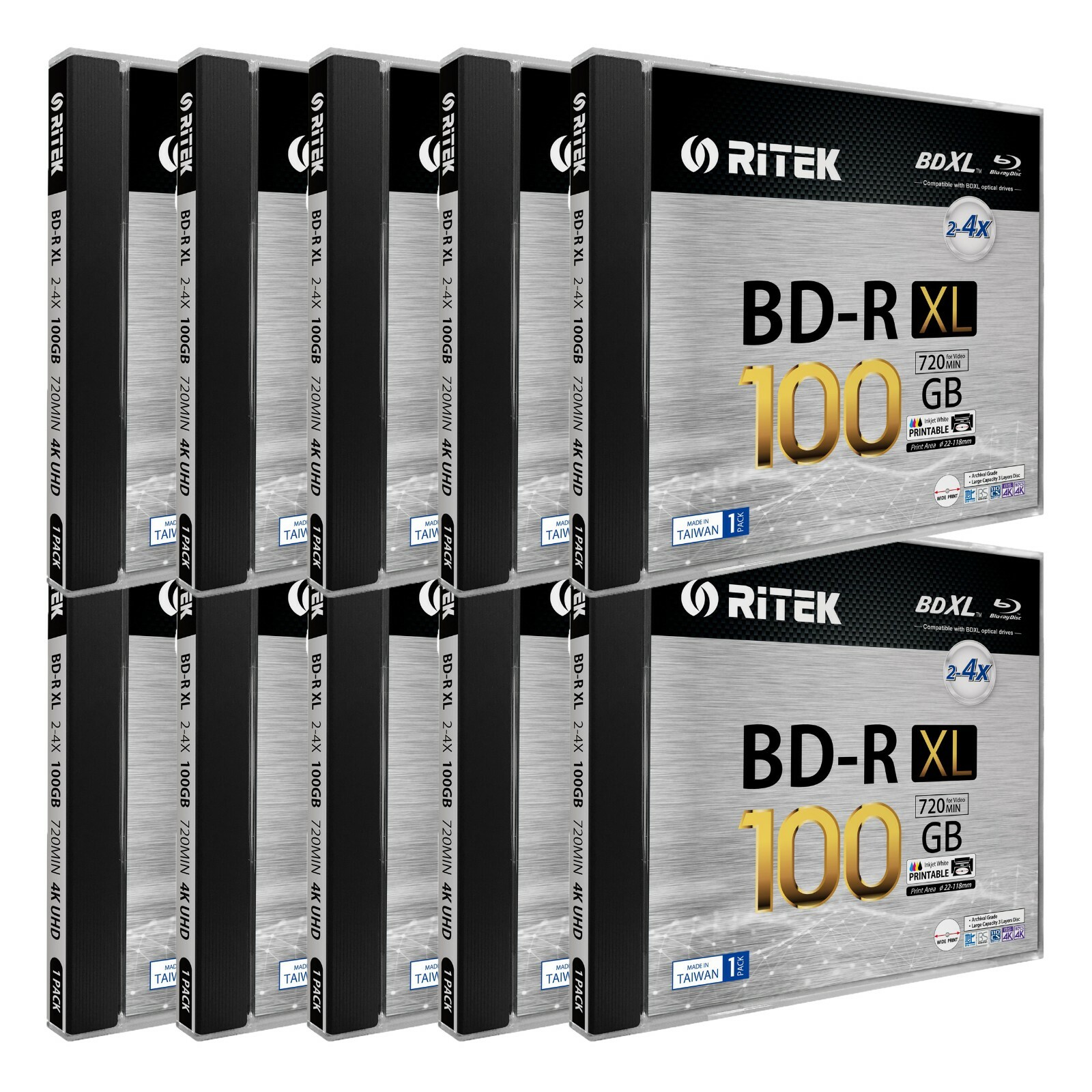 10 Ritek BD-R XL BDXL 4X 100GB Archival 3Layer White Inkjet Printable Blank Disc