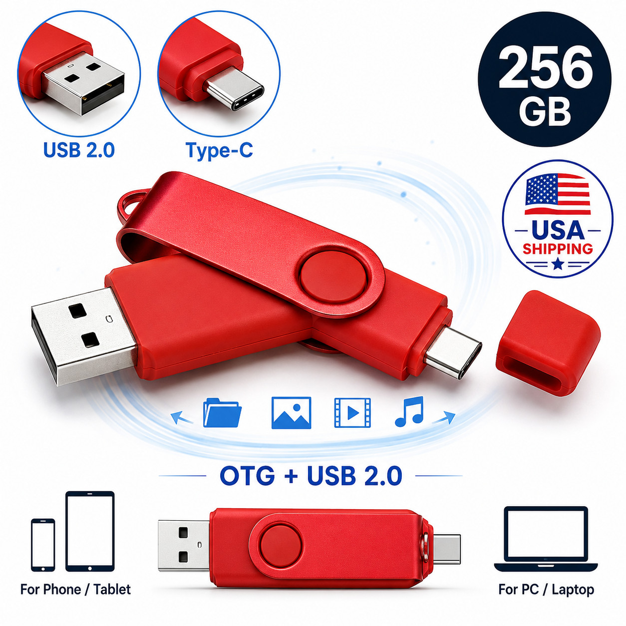 256GB USB 2.0 USB-A & USB-C Flash Drive Dual Connector Portable