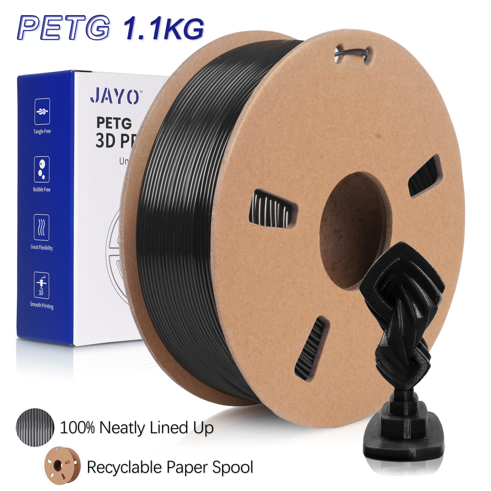 JAYO 1.1KG PETG Black 3D Printer Filament 1.75mm Cardboard Spool Clog-Free ±0.02