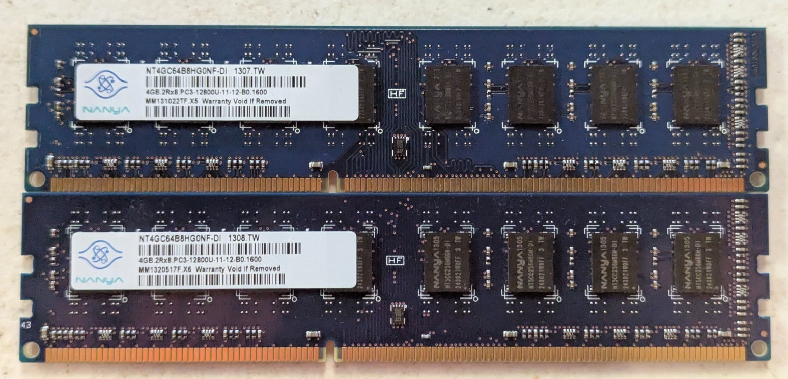 Lot of 2 Nanya 4GB DDR3-1600 PC3-12800U 2Rx8 UDIMM RAM 8GB Total