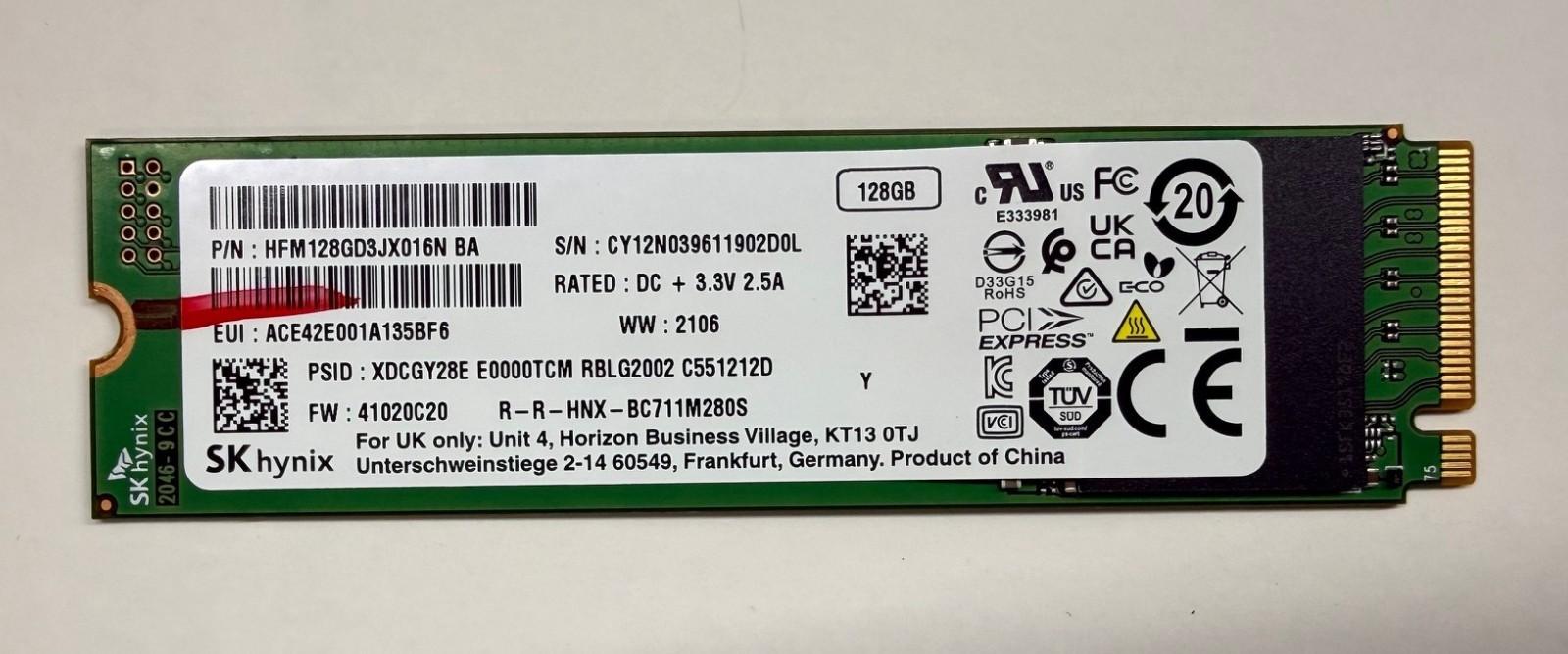 SK Hynix 128GB SSD M.2 NVMe PCIe HFM128GD3JX016N