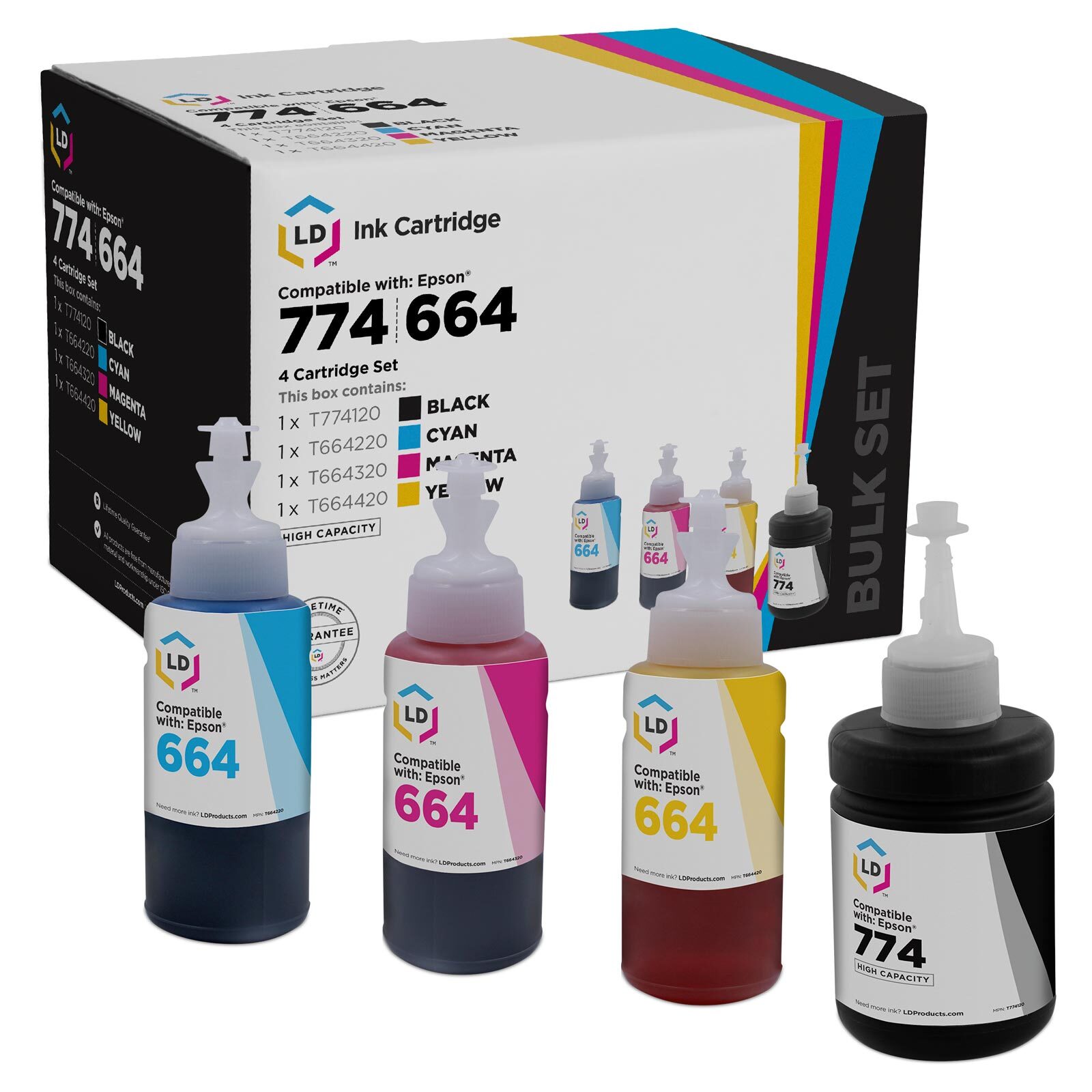 LD Replacements for Epson 774 Black / 664 Cyan Magenta Yellow Ink Bottles 4PK