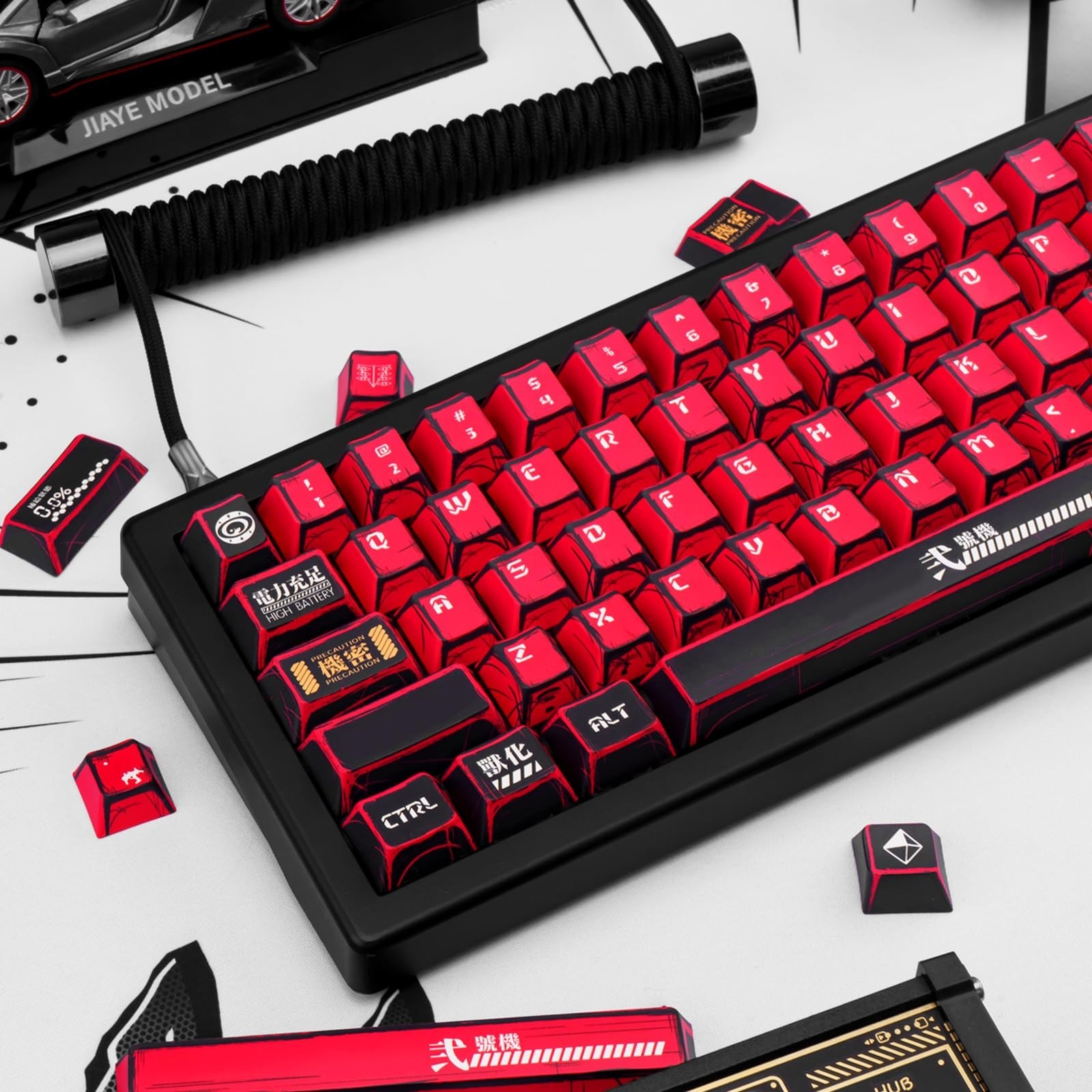 Red and Black PBT Keycaps Set 135 Keys Cherry Profile Manga Japanese Style Ke…