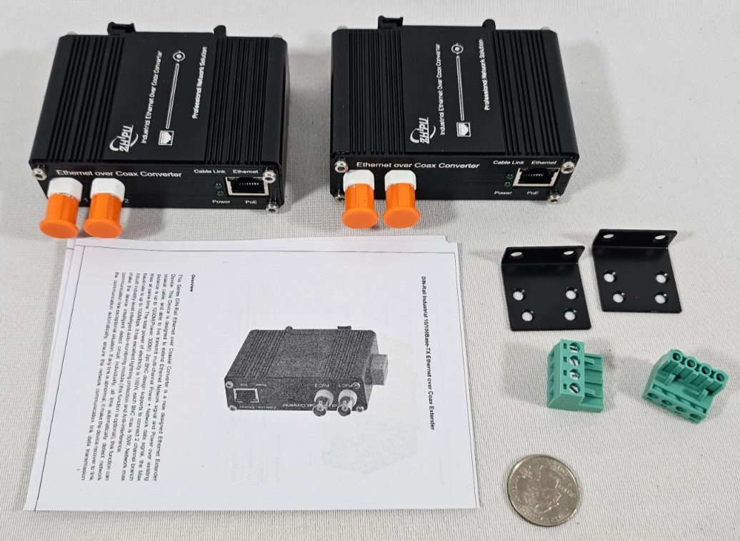 PoE+ EoC Converter, Ethernet Over Coax DIN Rail 10/100Mbps to 300m 2 BNC Ports