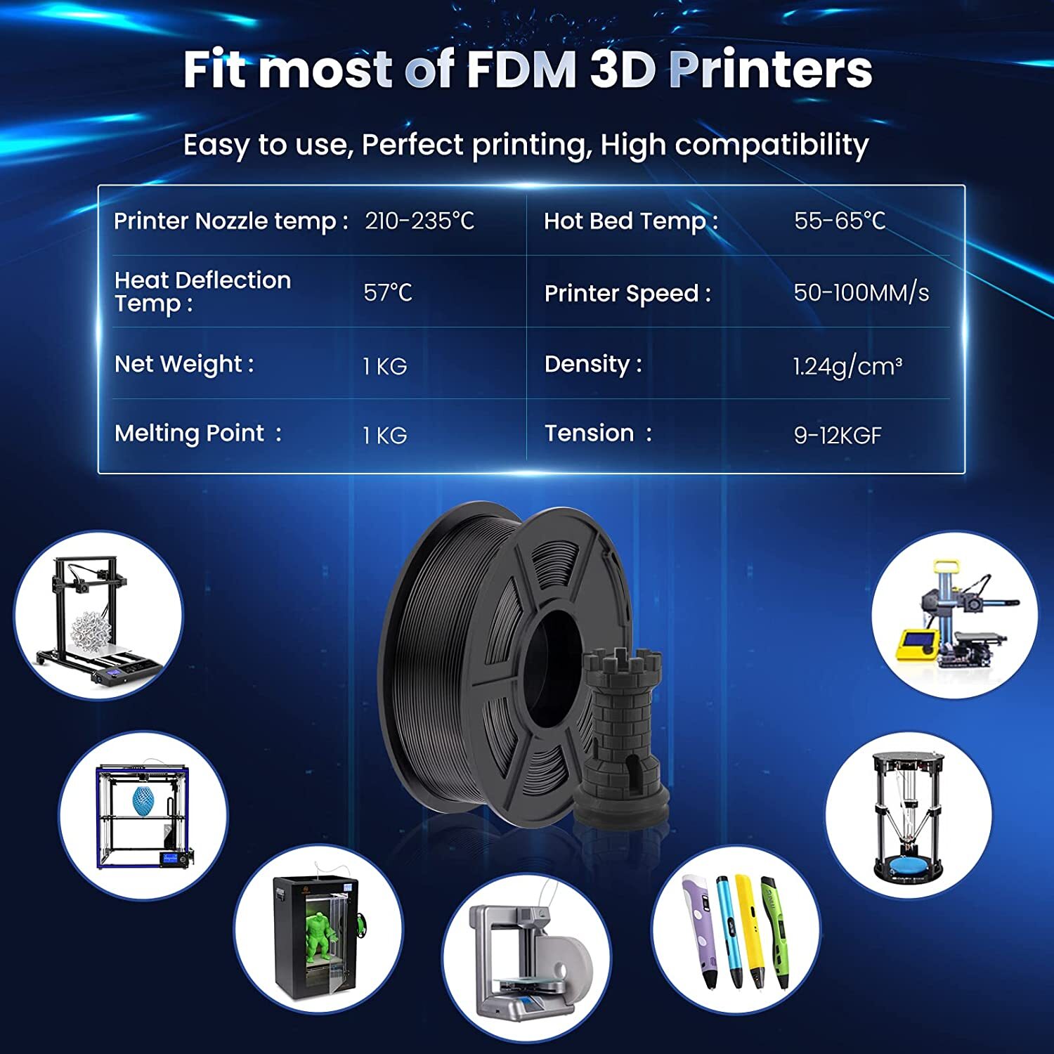 SUNLU PLA+ PLA ABS PETG 3D Printer Filament 1KG/0.25KG 1.75mm Black No-Knot