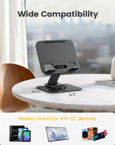 Lamicall Adjustable iPad Stand for Desk – [Ultra-Slim Foldable][360°Rotation Bas