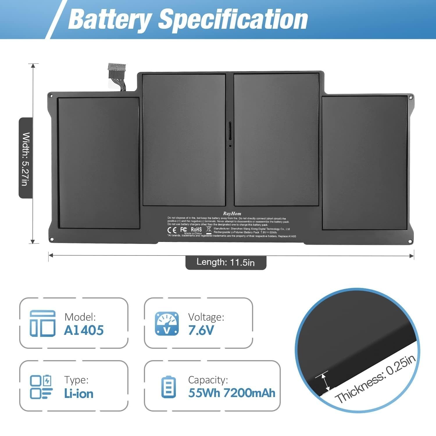 7200mAh Replacement Battery for MacBook Air 13″ A1466 (2012-2017) & A1369 (2010-