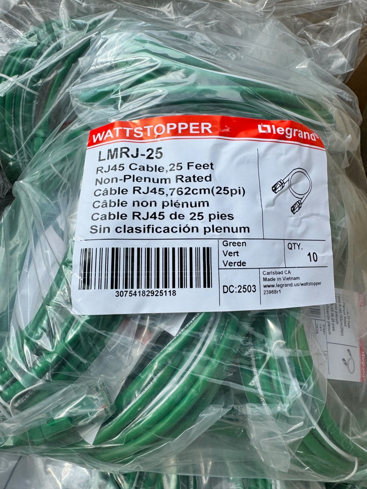 Lot of 10 Legrand WattStopper LMRJ-25 RJ45 Cable, 25 Feet (Bulk)