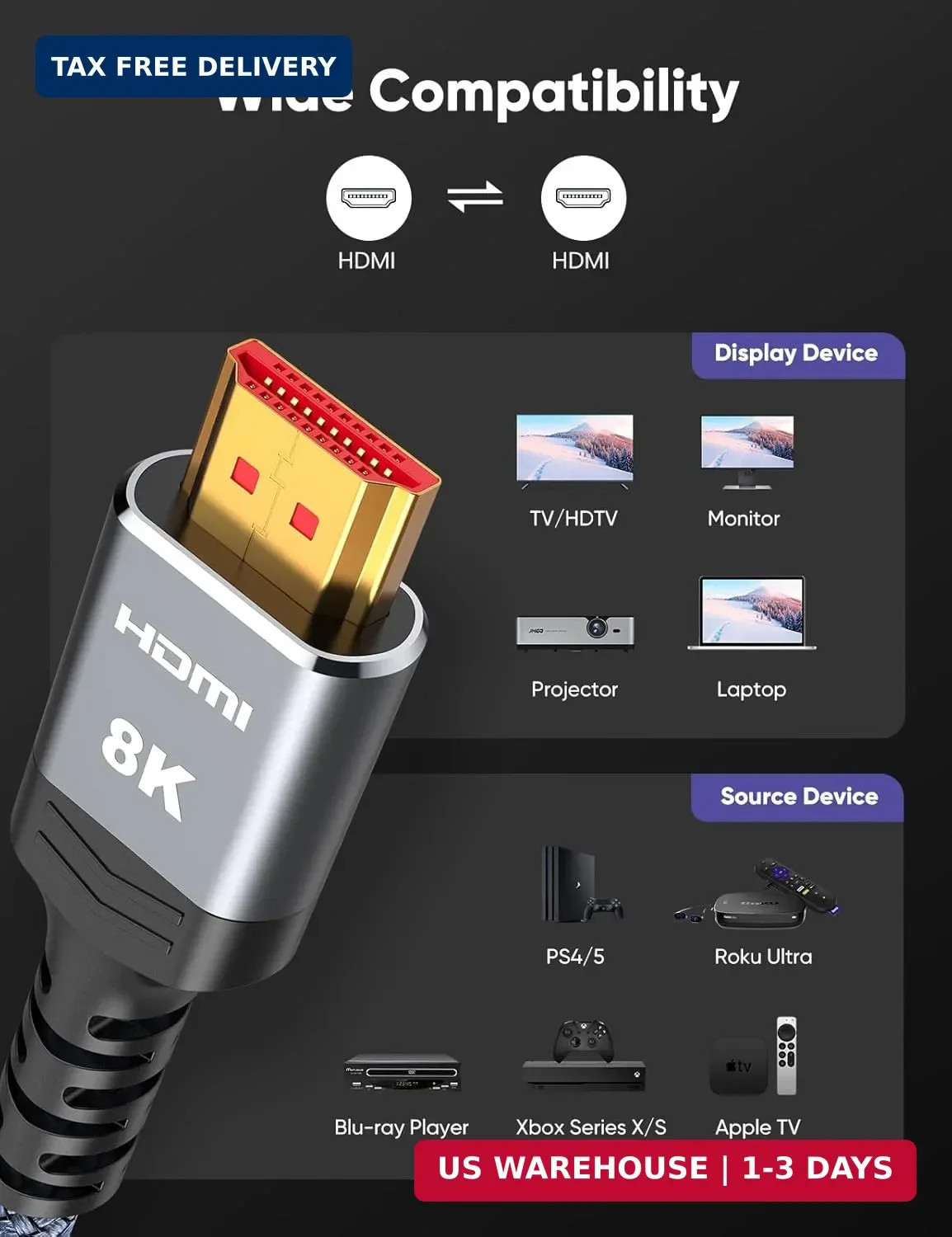 10K 8K HDMI 2.1 Cable 2-Pack 6.6FT, Highwings Certified 48Gbps Ultra High Speed