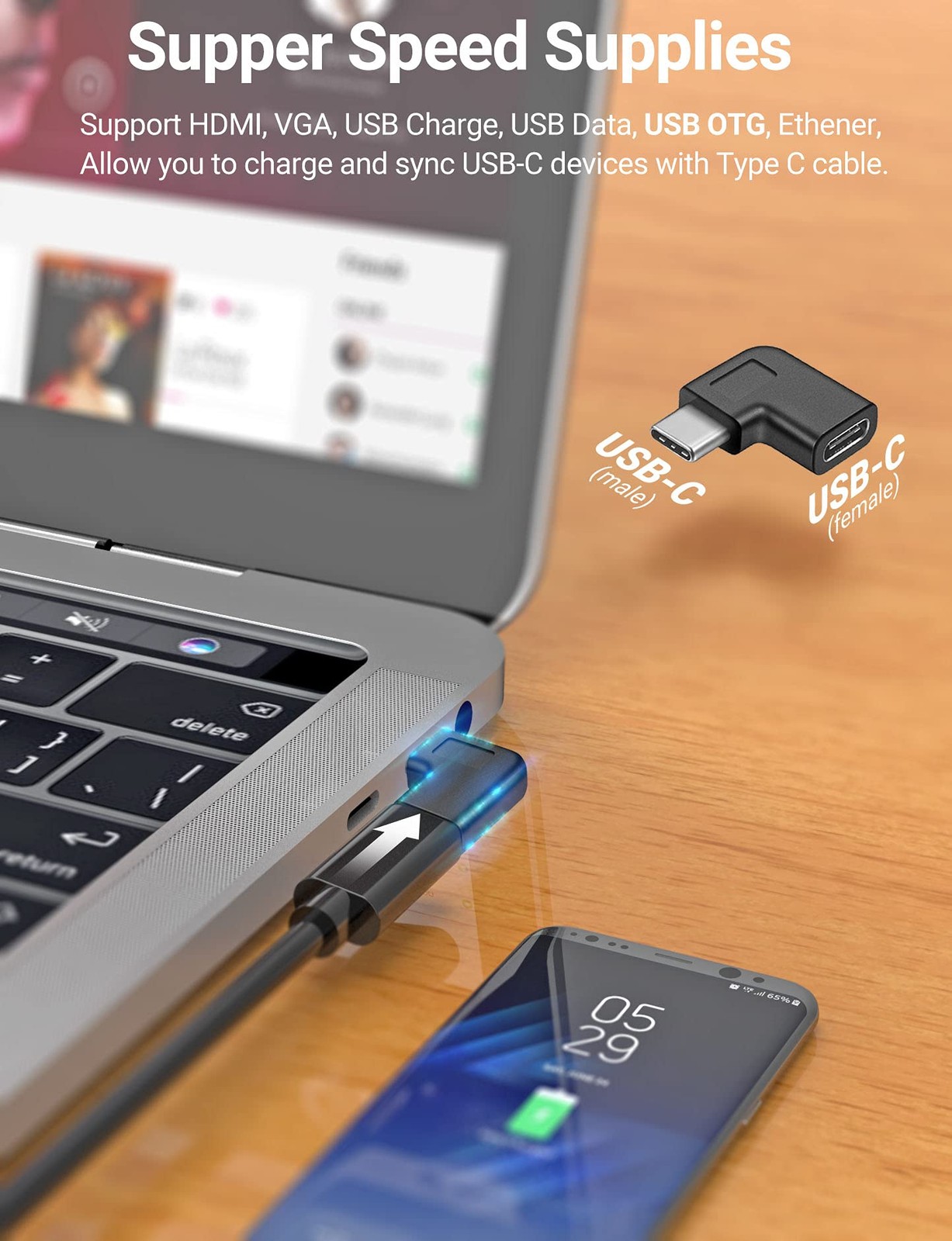 USB C Right Angle Adapter,90 Degree USB C to USB Type-C Male to Female Adapter C