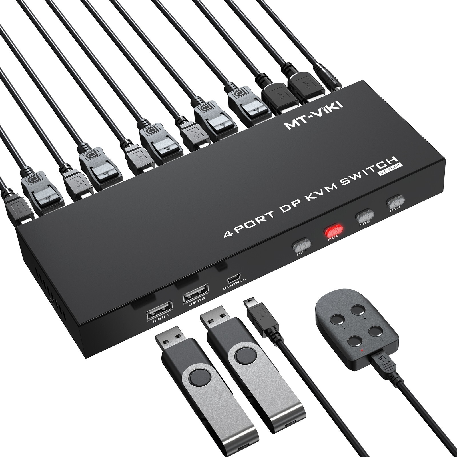 MT-VIKI DP DisplayPort KVM Switch 4 Port 4K@60Hz + DP Cables