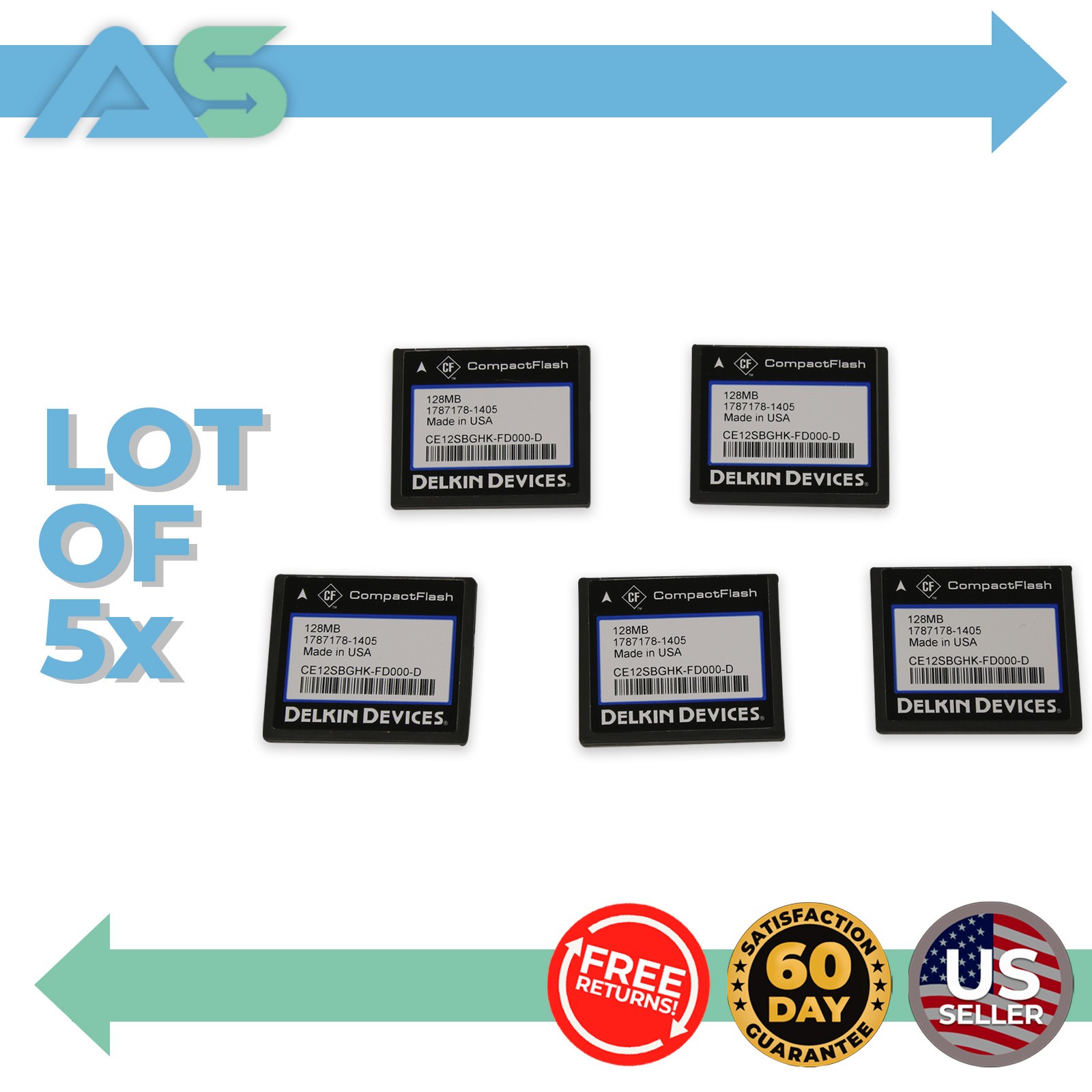 Lot of 5 Delkin Devices CE12SBGHK-FD000-D Compact Flash Memory Cards | 128MB per