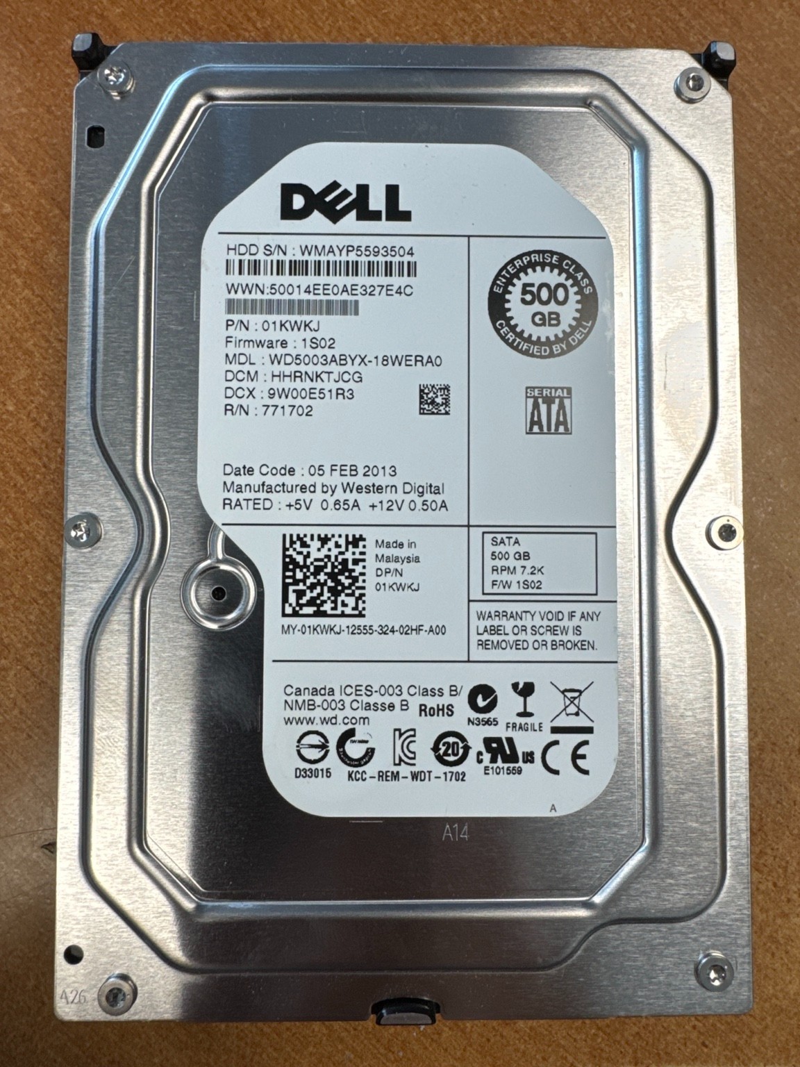 Dell WD5003ABYX-18WERA0 500GB 3.5″ 3Gb/s 7.2K RPM SATA HDD Dell P/N: 01KWKJ