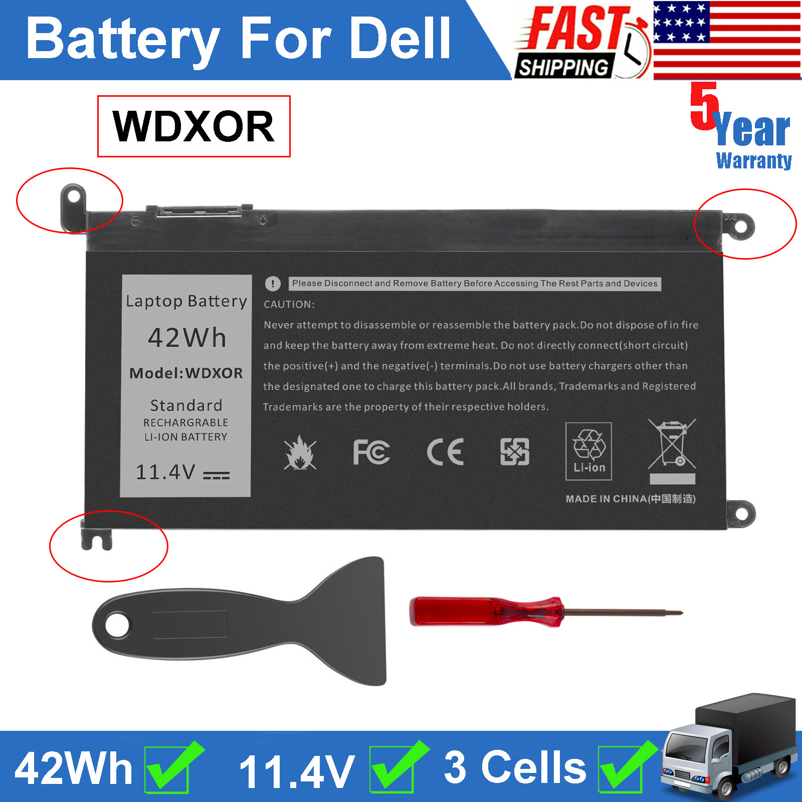 WDX0R Battery For DELL Inspiron 42Wh 15 5567 5568 13 5368 7368 7569 7579 WDXOR