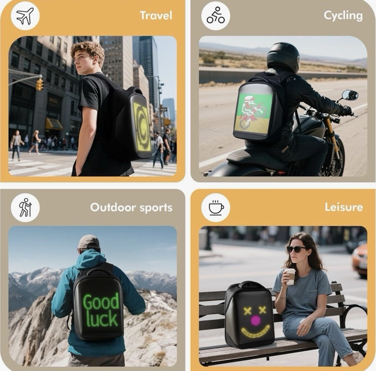 LED Display Backpack w/ App Control, Bluetooth, USB Port.