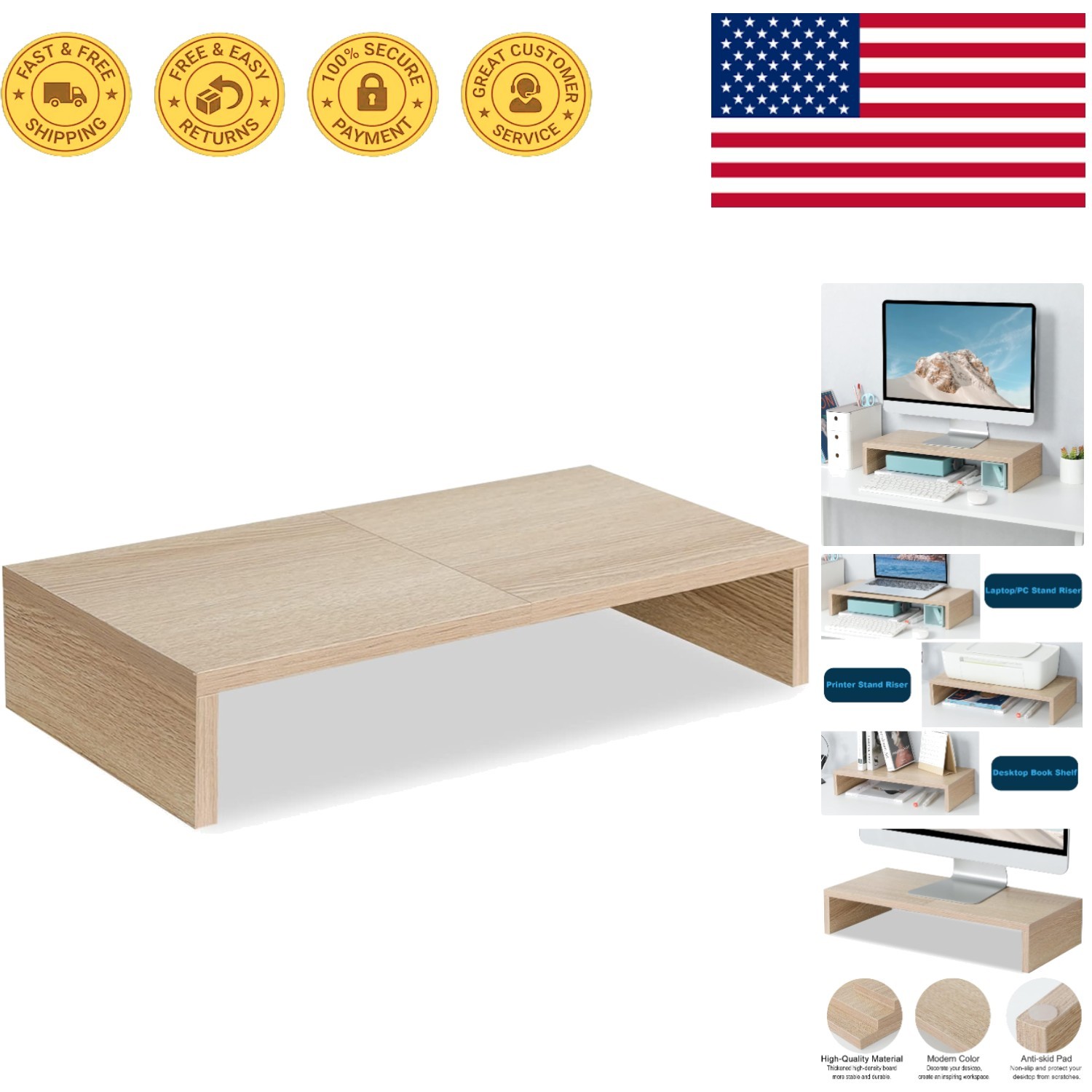 Multi-Functional 20″ Wooden Monitor Stand for PC, TV & Laptop – Maple Finish