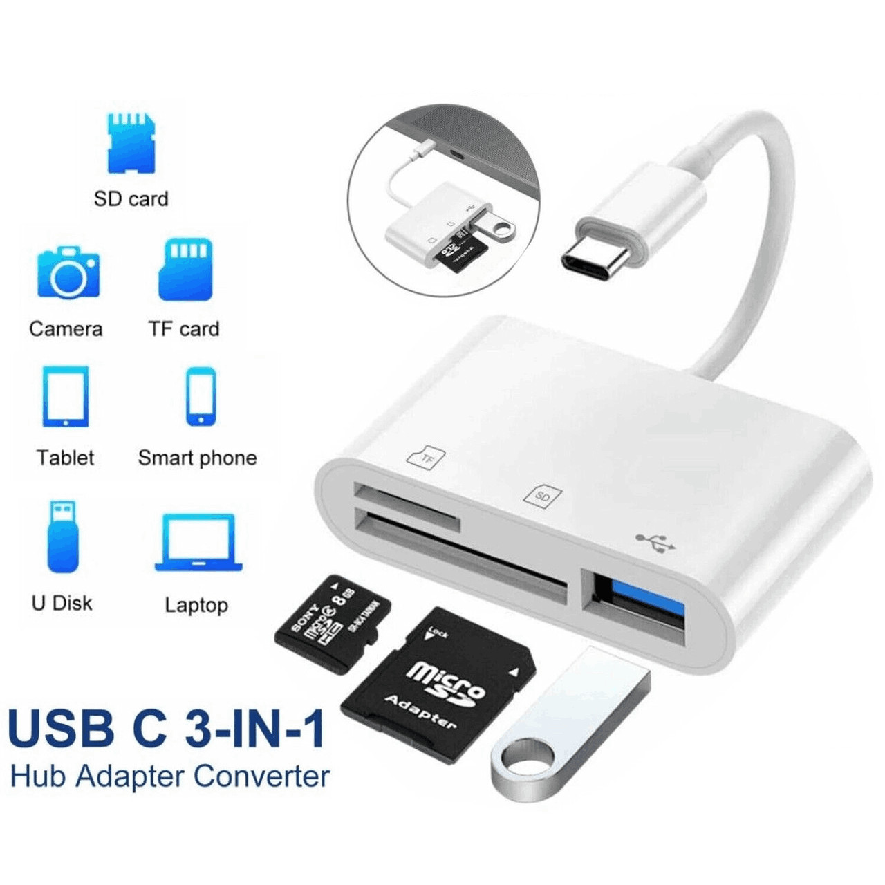 3 in 1 Hub Converter Type-C Adapter USB C SD Card Reader For MacBook Pro Laptop