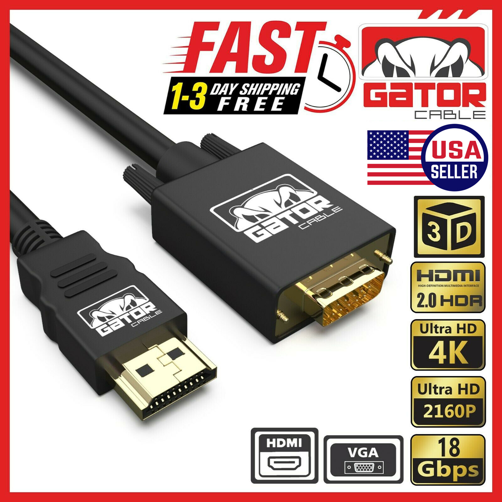 HDMI to VGA Cable Converter Adapter For HDTV PC Desktop Monitor Video 1080P 6FT