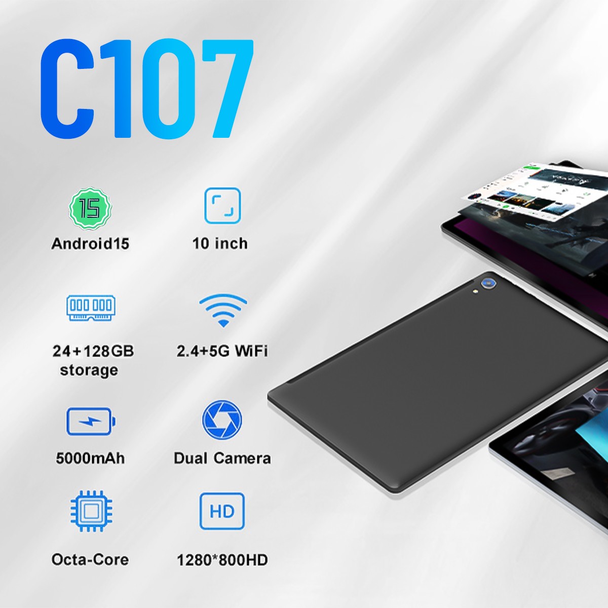 10.1 inch Android 14 Tablet 10+128GB IPS Touchscreen Octa-core Processor Wi-Fi