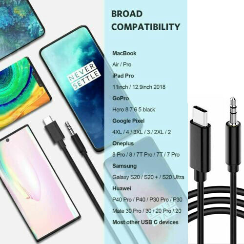 1M Car Stereo Android Type-C USB-C to 3.5mm Male Audio Jack AUX Cable Adapto lot