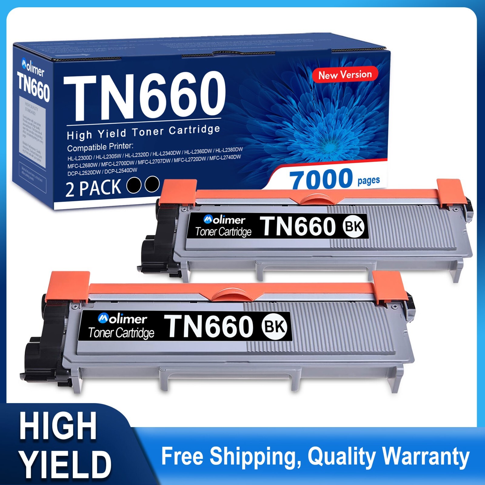 2PK TN660 TN630 High Yield Toner for Brother TN-660 MFC-L2700DW HL-L2380DW