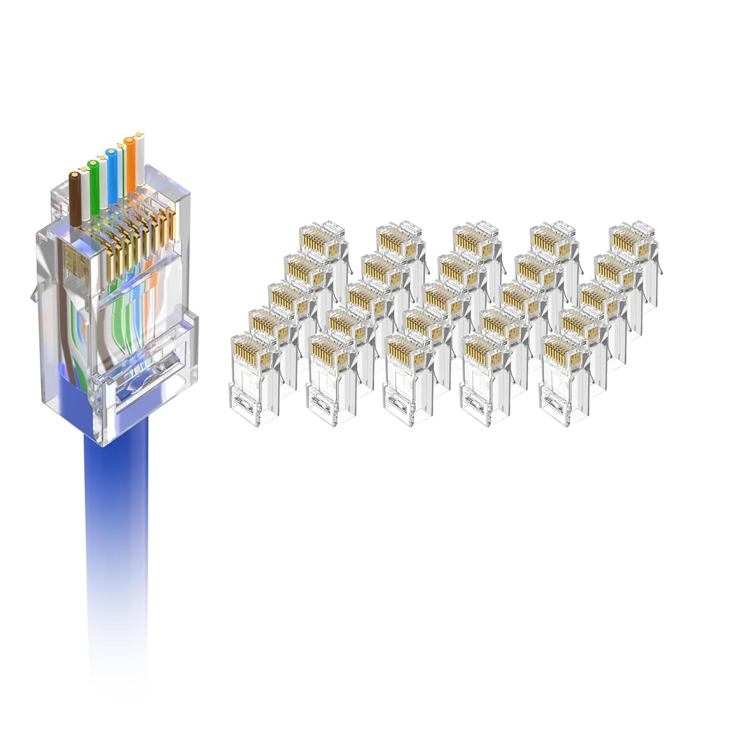 25 Cat6 RJ45 Pass-Through Connectors, Gold Plated, Up To 10 Gbps Transmission