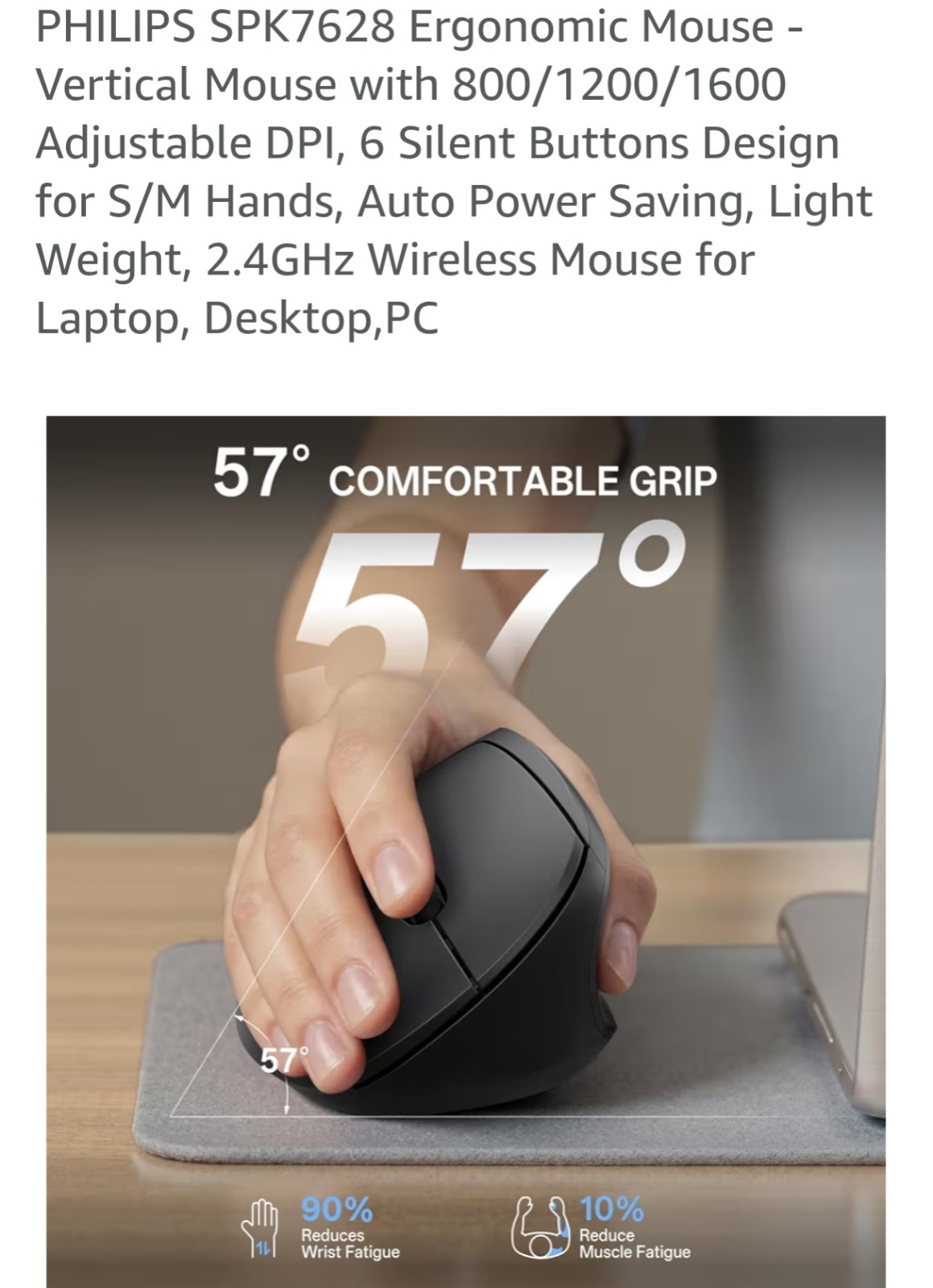 PHILIPS SPK7628 Ergonomic Mouse – Vertical Mouse 800/1200/1600 Adjustable B40