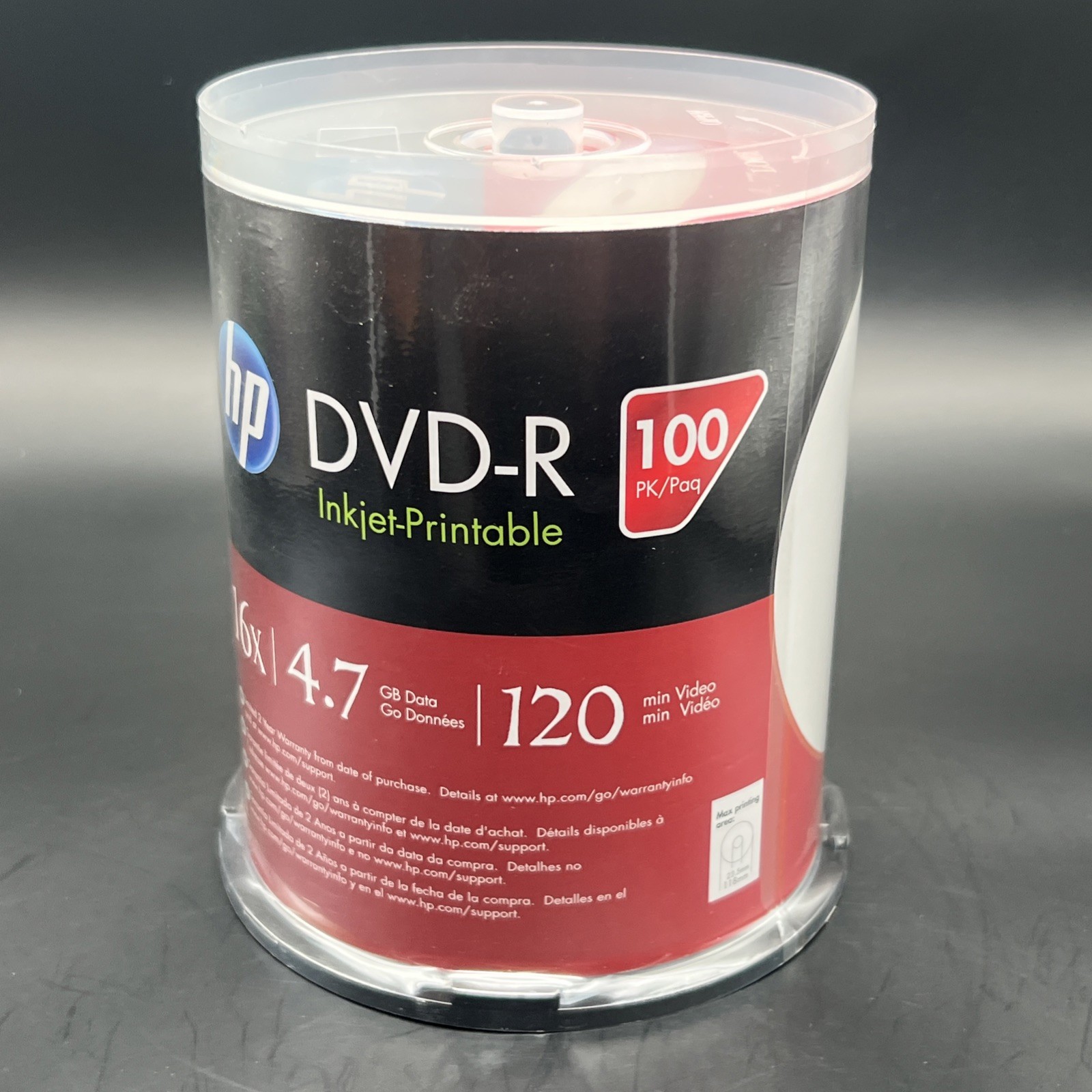 100 HP DVD-R DVD 16X Blank 4.7GB White Inkjet Printable Disc Spindle Cake Box