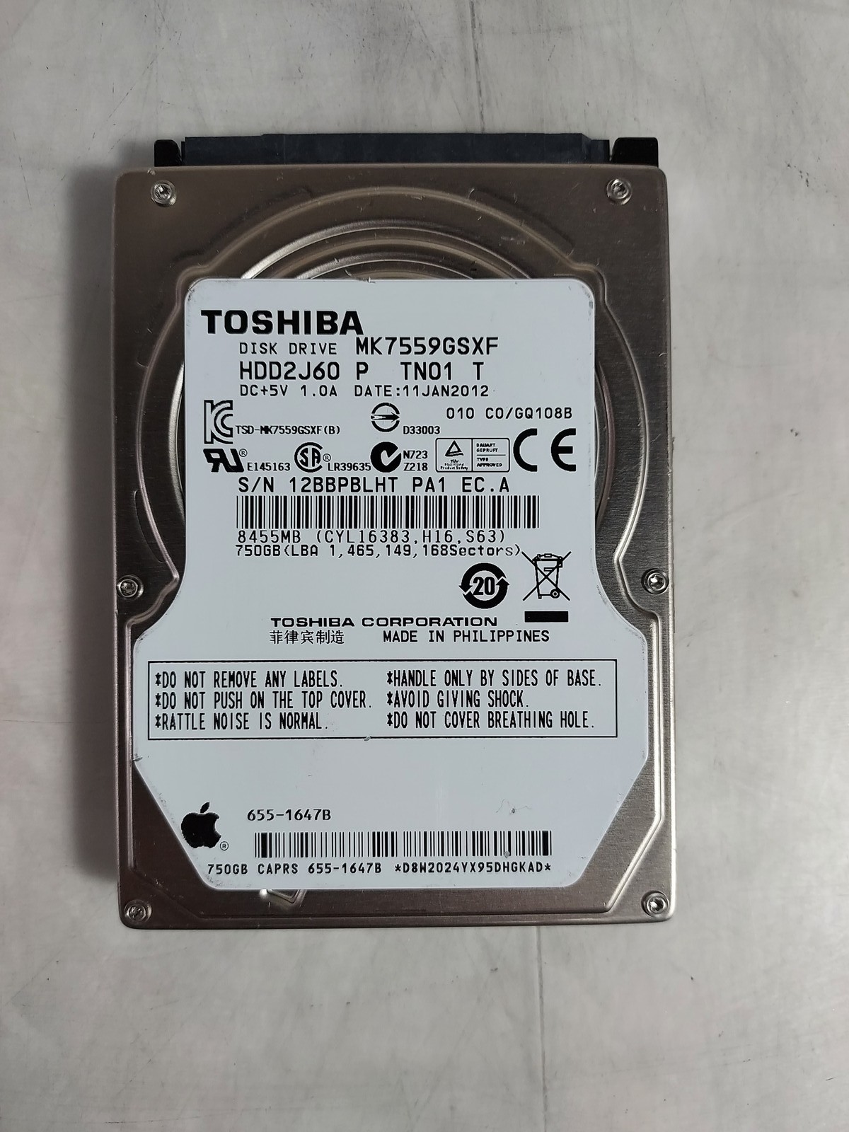Toshiba APPLE MK7559GSXF 750 GB SATA II 2.5 in Laptop Drive