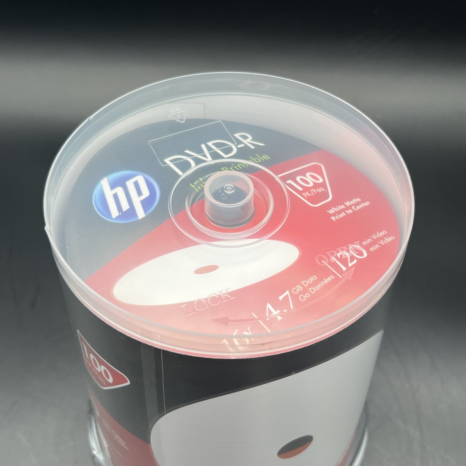 100 HP DVD-R DVD 16X Blank 4.7GB White Inkjet Printable Disc Spindle Cake Box