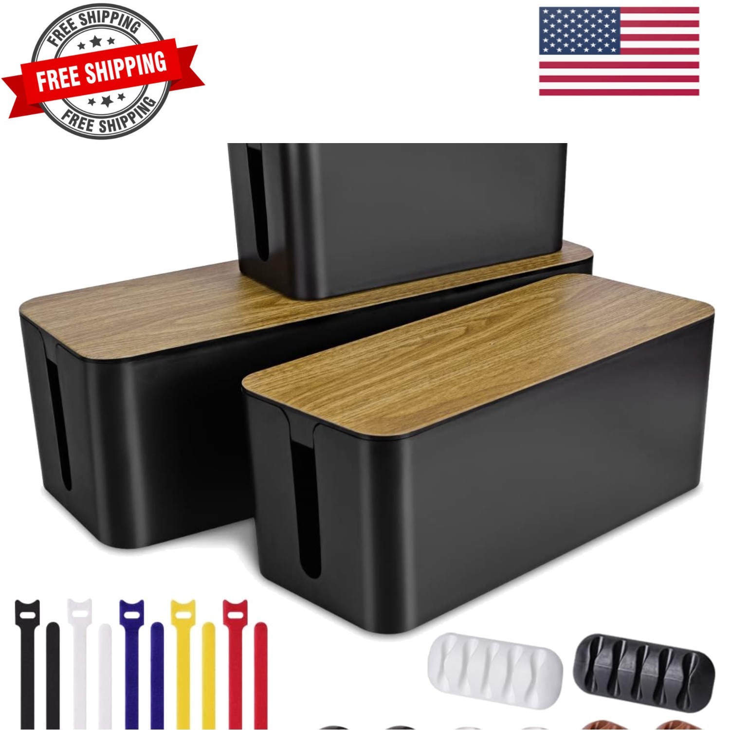 3 Pack Cable Management Box with 18 PCS Cable Management Set – Large & Medium…