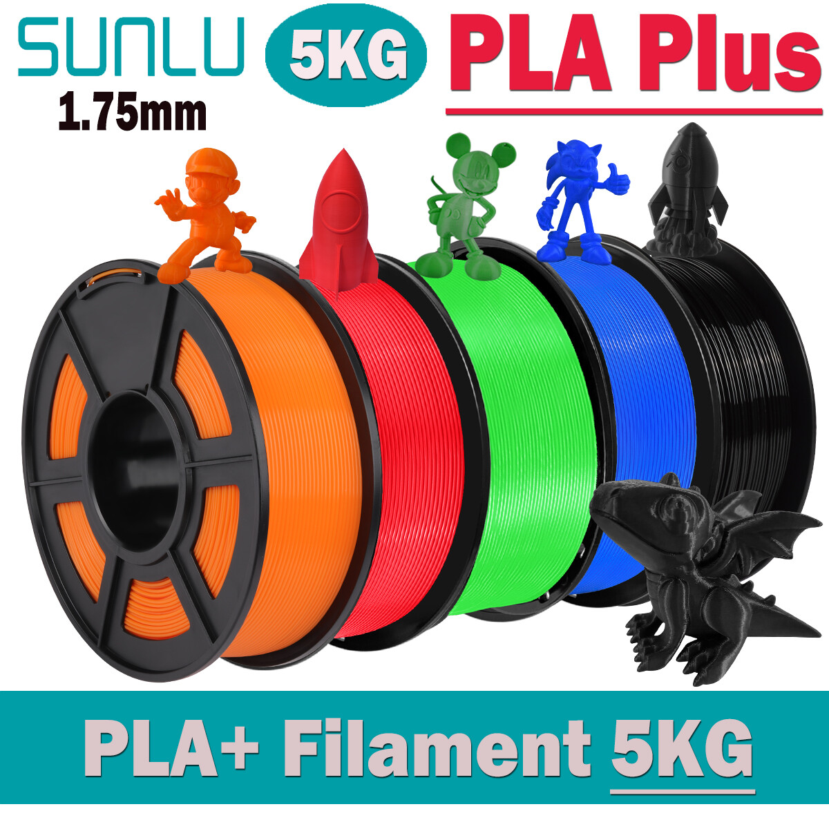 5*1KG PLA PLUS SUNLU 3D Printer Filament 1.75mm PLA+ 5KG Multicolor +/-0.02mm