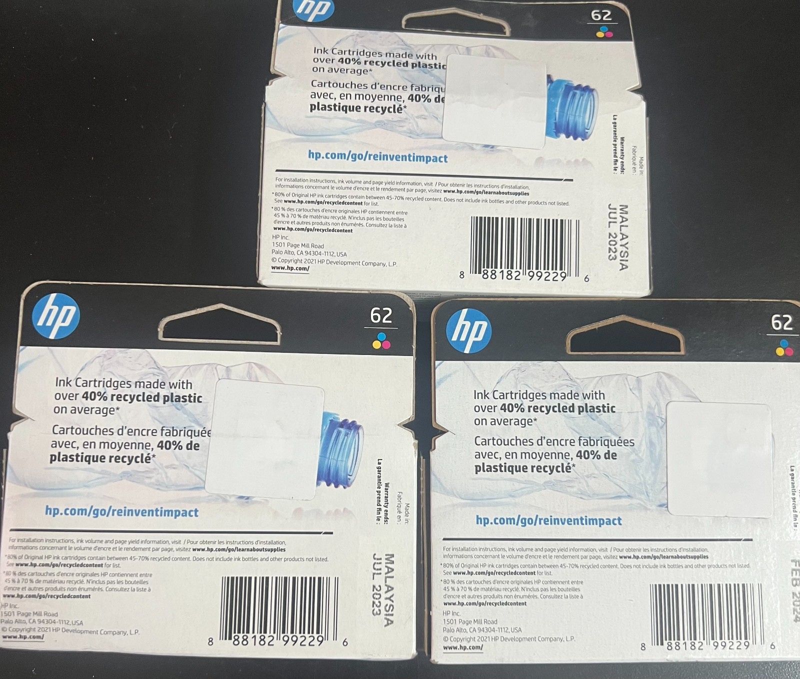 3 Hewlett Packard C2P06AN Genuine OEM HP62 Tri-Color Ink Toner Cartridges 2296/3