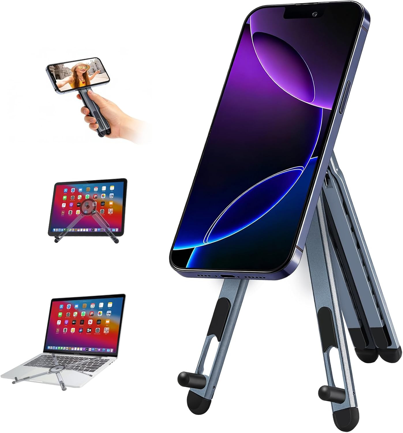 Foldable 3-in-1 Laptop Stand with Magnetic Phone Holder, Ergonomic Design, Silve