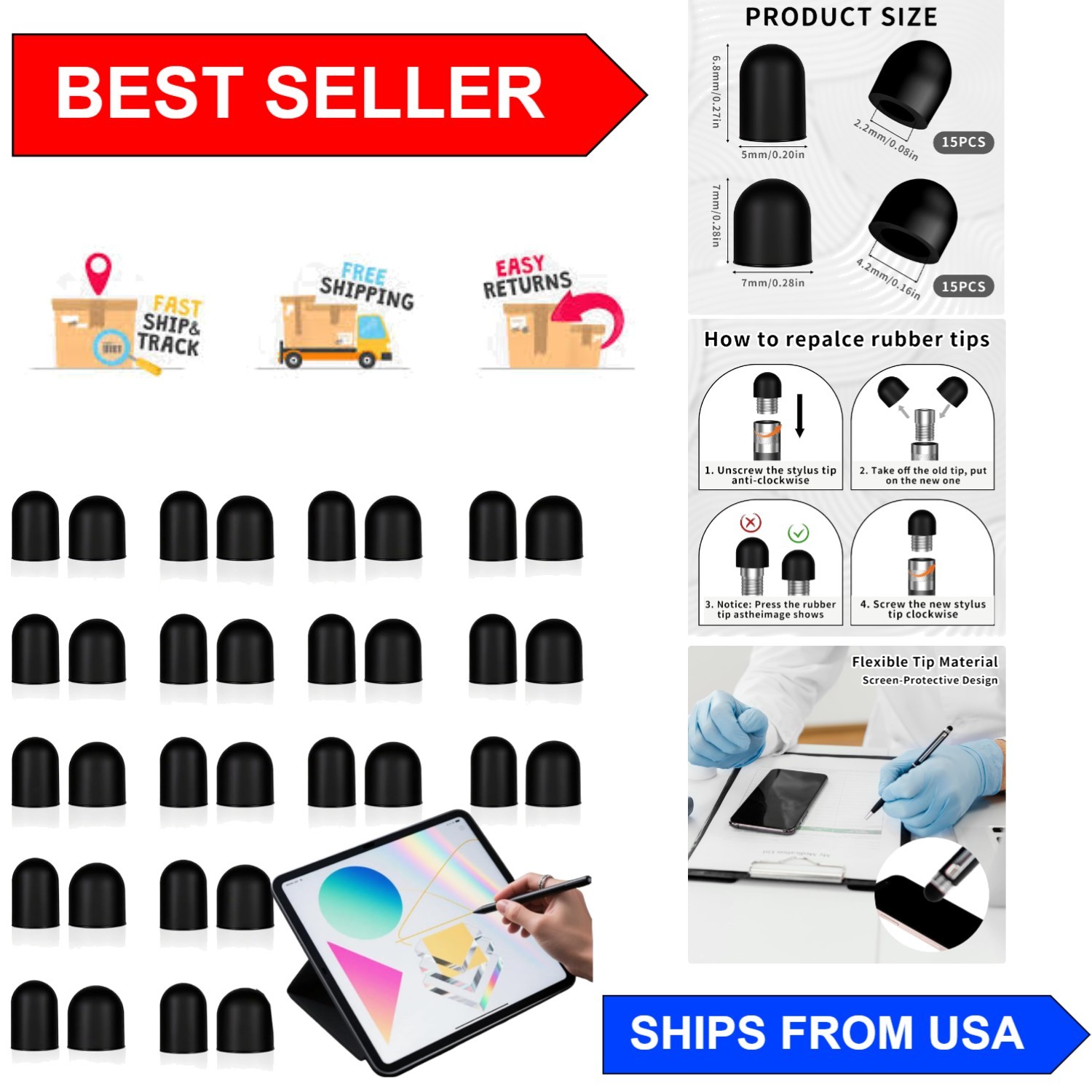 30Pcs High Sensitivity Rubber Stylus Tips – 0.2inch & 0.28inch Replacement Nibs