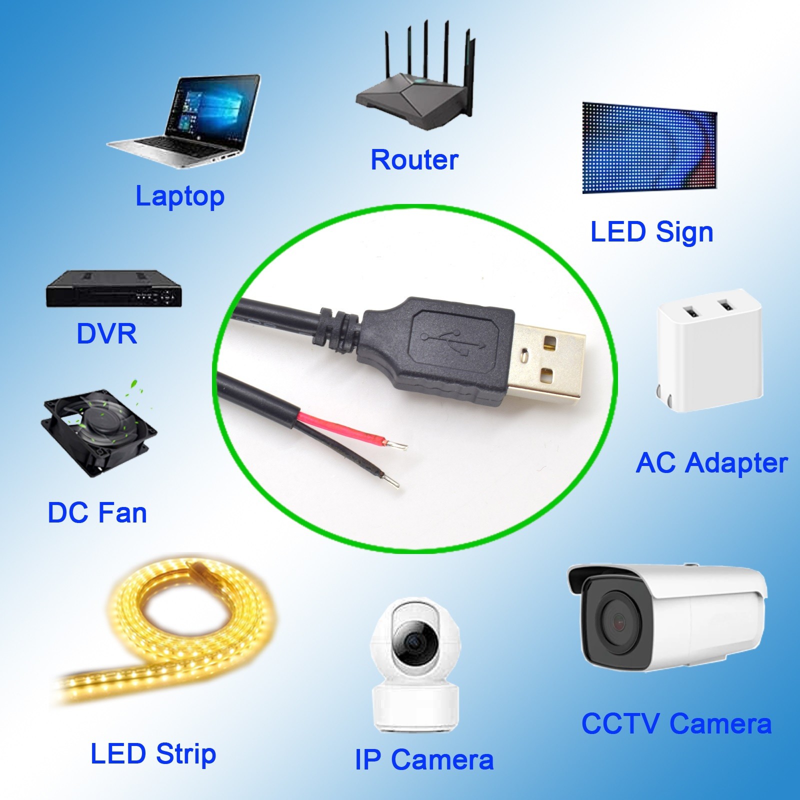 2pcs 0.3M/1FT USB Male to Bare Wire Cable 20AWG 5A USB2.0 2pin DIY Pigtail Cable