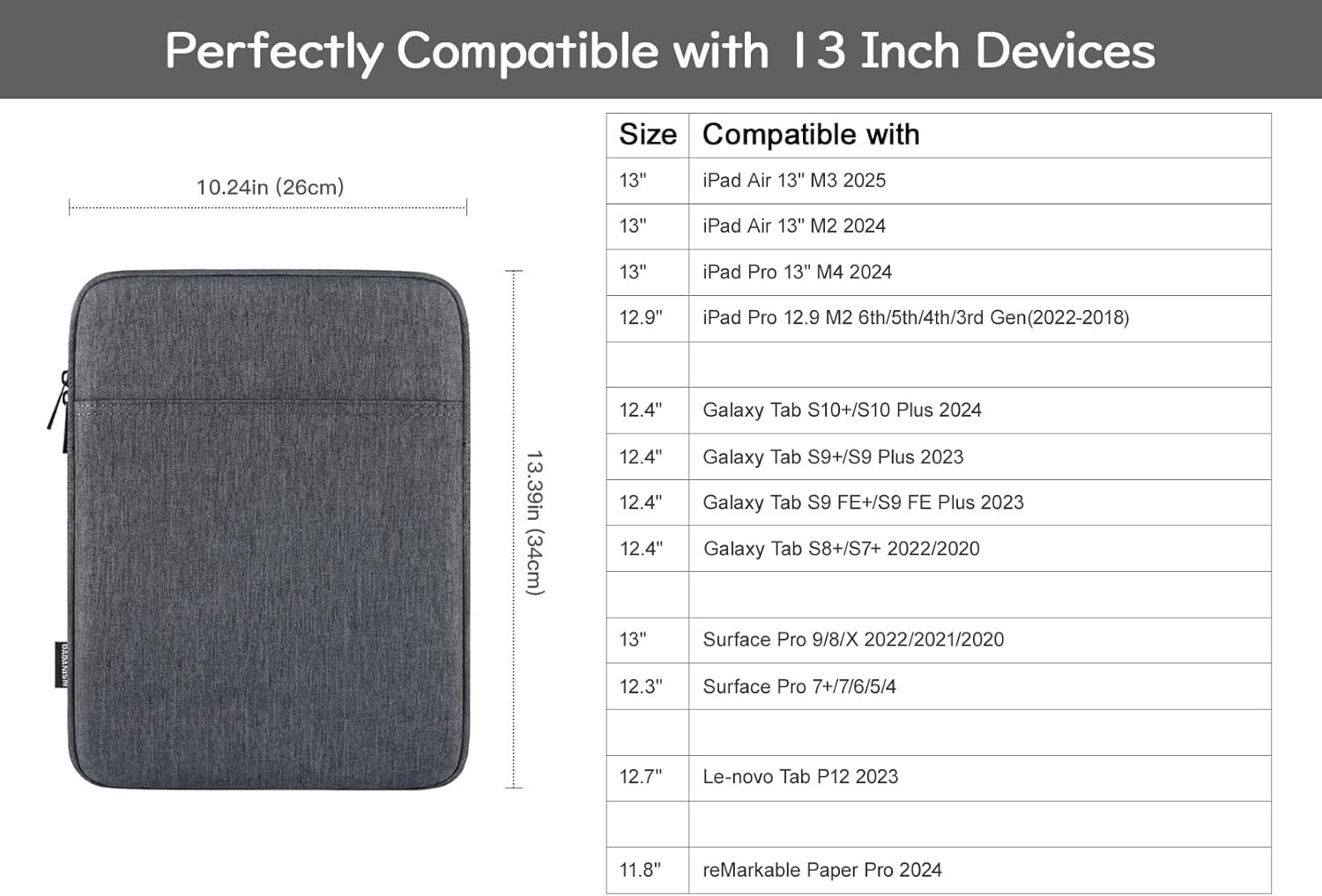 Tablet Sleeve Case 8-9in 9-11in 13in Zipper Pouch Protective Bag Front Pocket