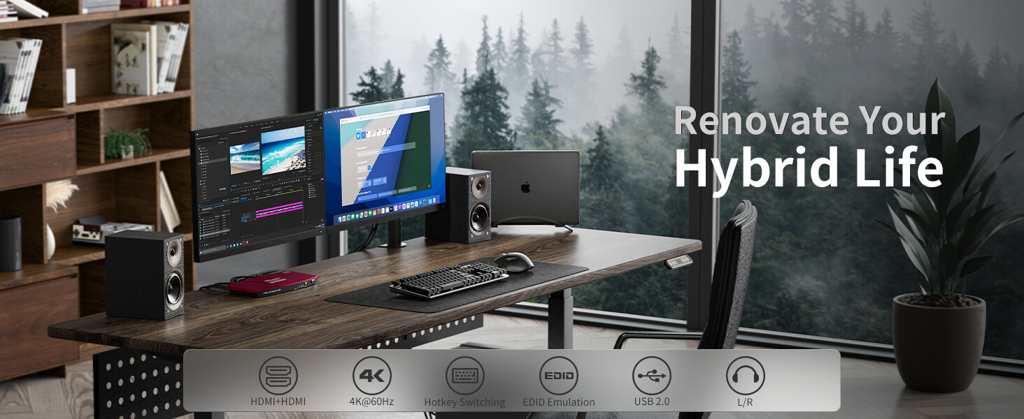 Dual Monitor KVM Switch HDMI 2 Port –4K@60Hz, USB 2.0, EDID Emulator Plug & Play