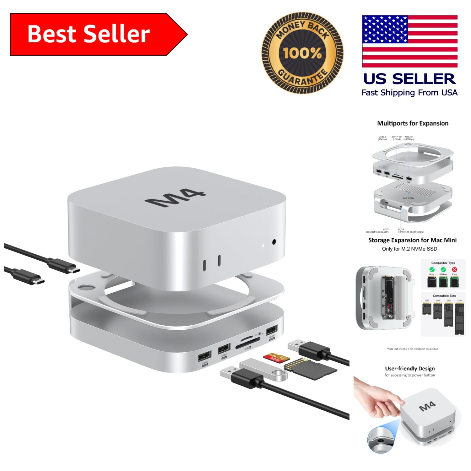 Elegant 9-in-1 Mac Mini Hub with SSD Enclosure & USB Ports – Perfect for M4 Pro