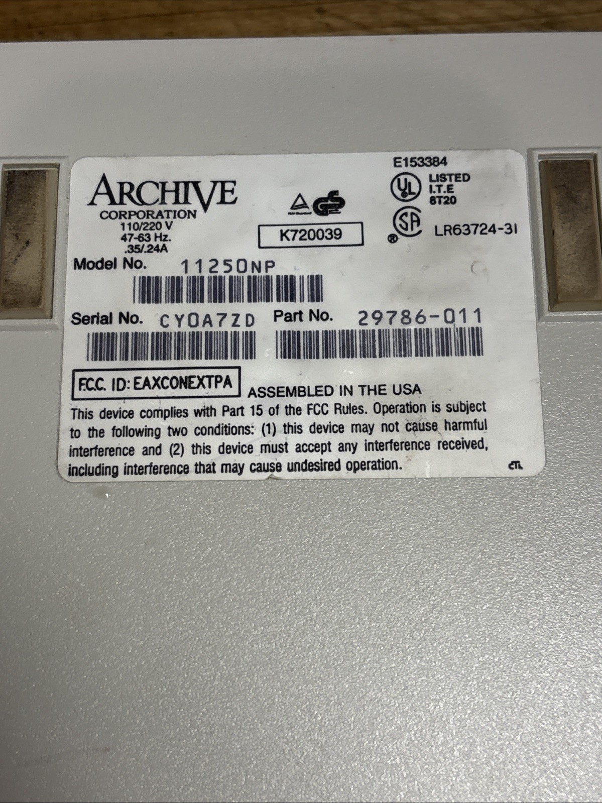 Archive Corporation Tape Drive Model 11250NP – Untested